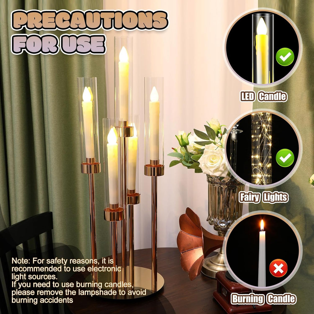 Tandefio 8 Set Gold Candelabra Centerpieces for Tables, 26.8 Inch 5 Arm Candle Holders with LED Candles and Acrylic Cylinders, Tall Acrylic Wedding Table Centerpieces for Reception Dinner Party Decor