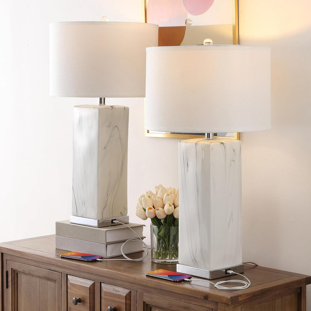 SAFAVIEH Lighting Collection Olympia Black/White 29-inch Table Lamp Set of 2 with USB Charging Port (LED Bulbs Included)