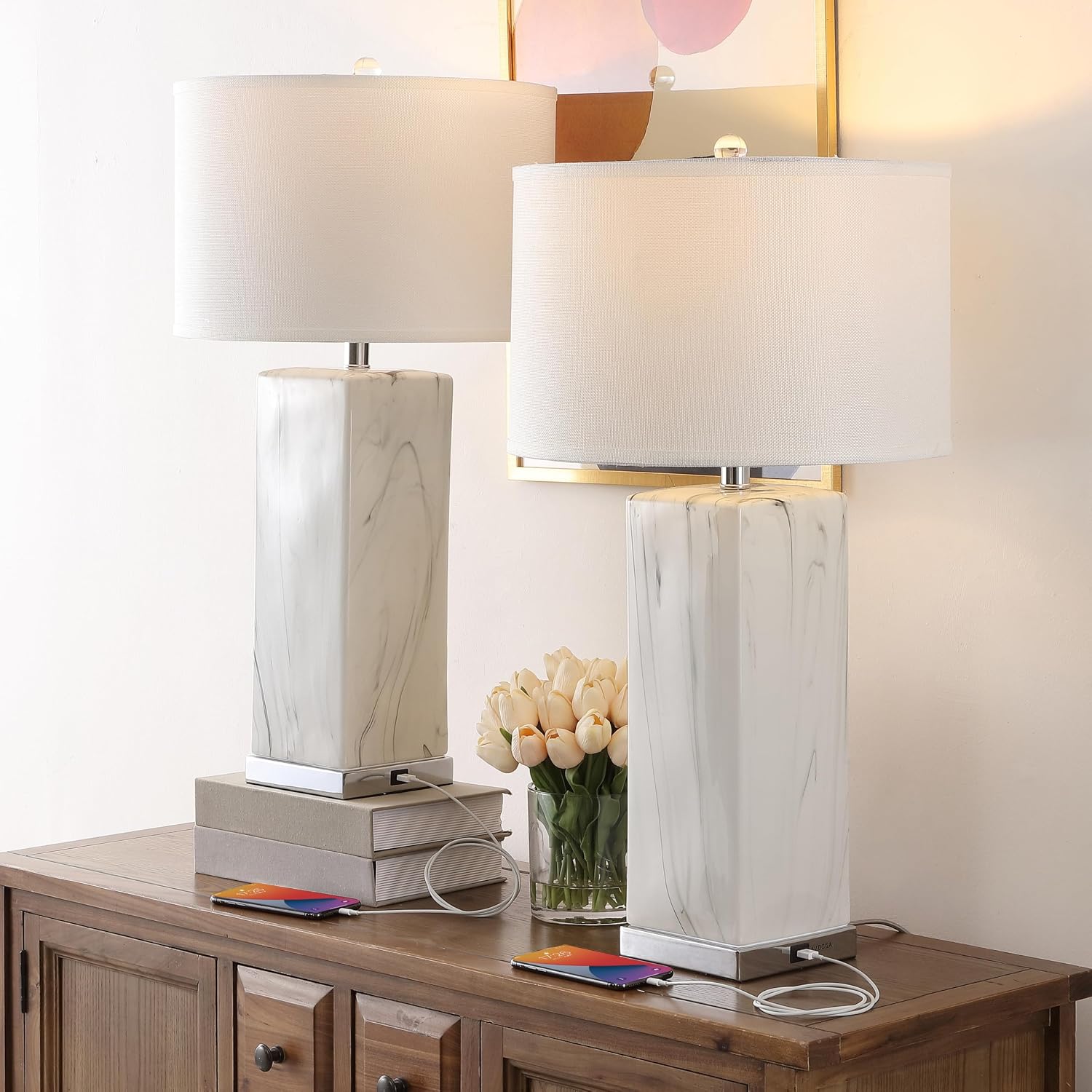 SAFAVIEH Lighting Collection Olympia Black/White 29-inch Table Lamp Set of 2 with USB Charging Port (LED Bulbs Included)