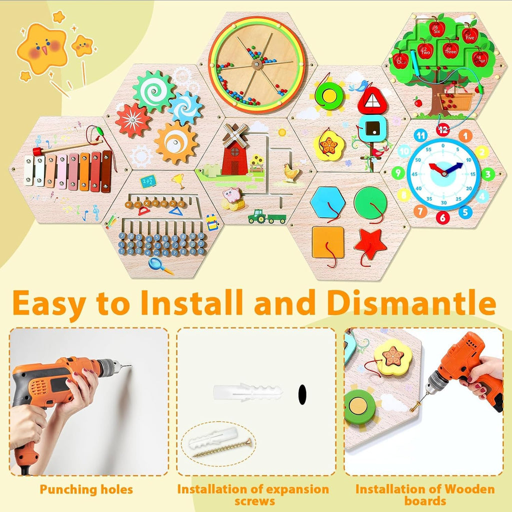 9Pcs Hexagon Activity Wall Busy Board Panels, Wooden Sensory Wall Panel for Kids, Montessori Learning Activity Center, Educational Toys for Toddler Playroom Daycare Nursery Classroom Birthday Gifts