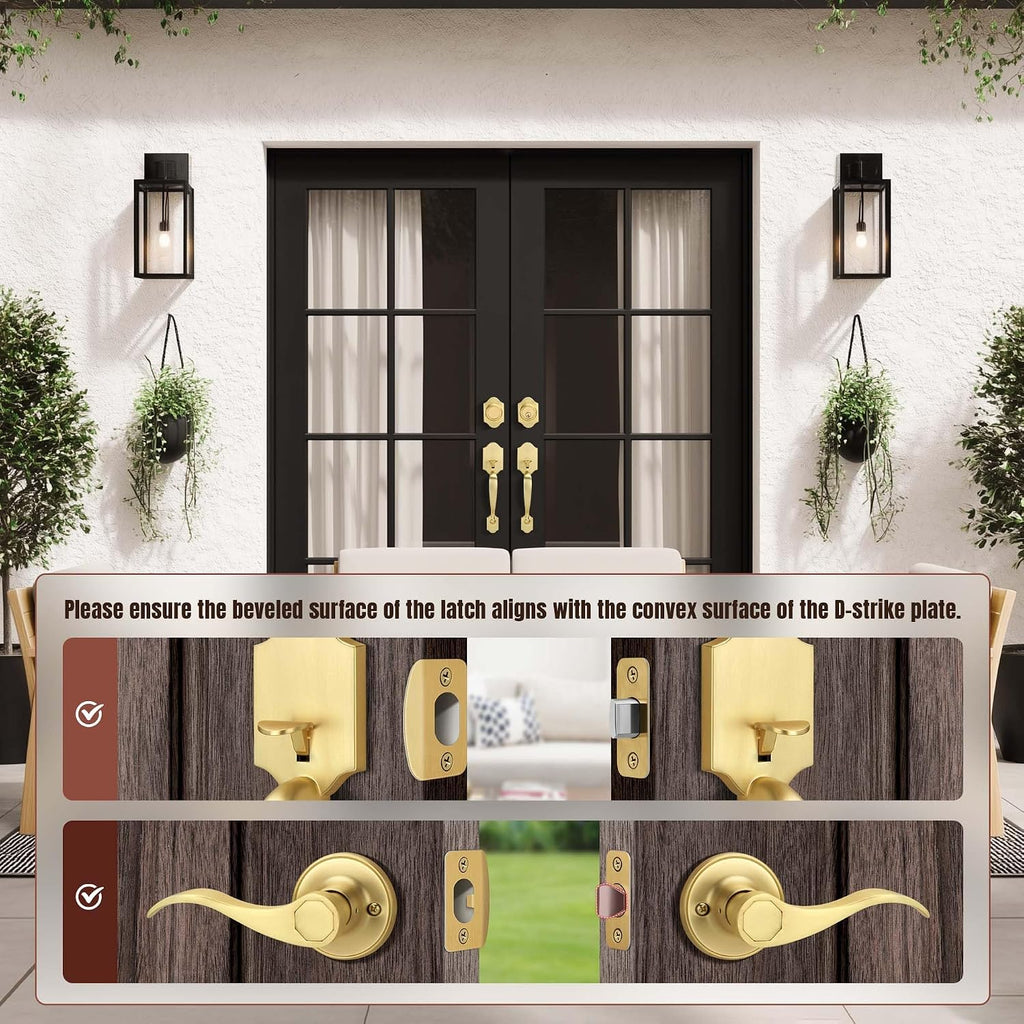 Double Front Door Handle Set with Dummy and Deadbolt, Brushed Gold Entry Front Door Lock Set with Gold Classic Half Grip Curved Door Handle for Exterior Doors or Office, Satin Brass