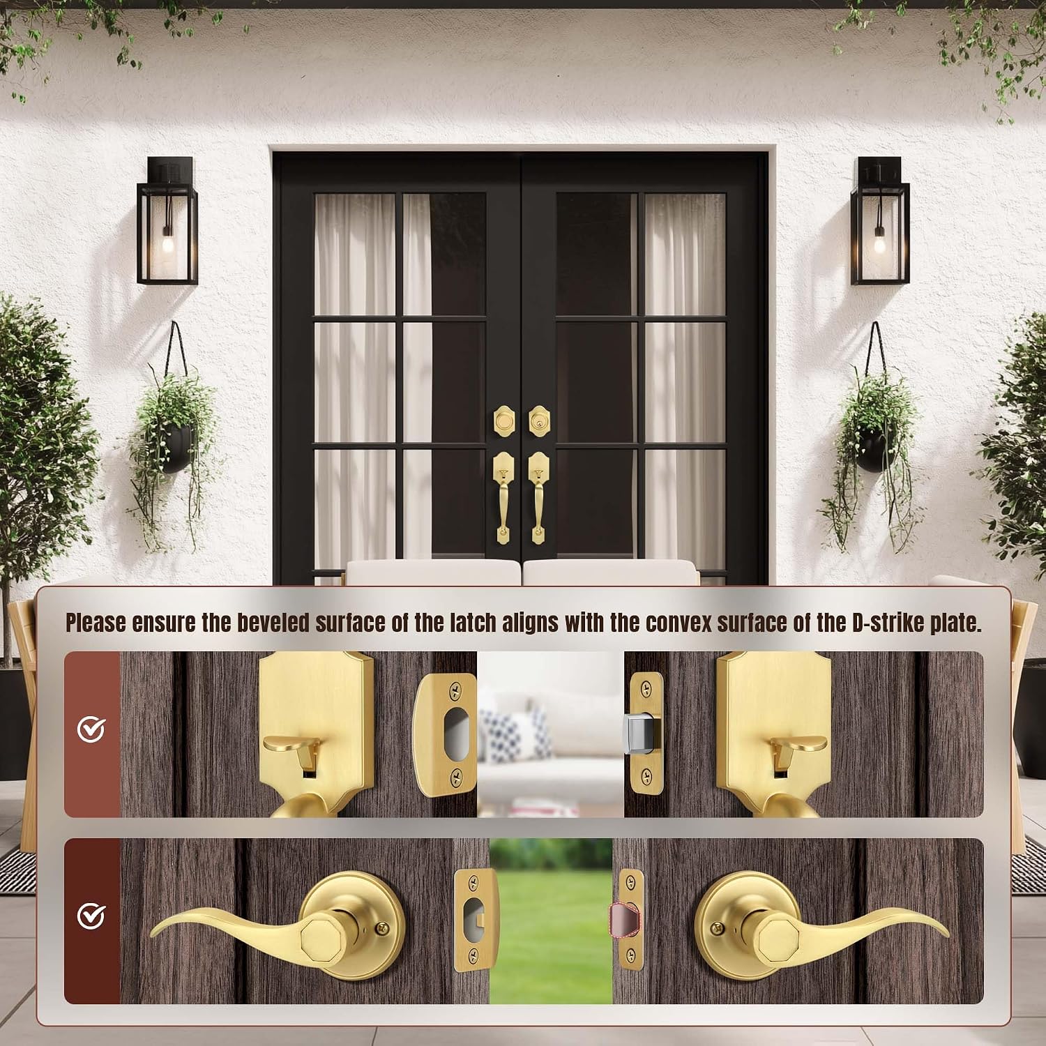 Double Front Door Handle Set with Dummy and Deadbolt, Brushed Gold Entry Front Door Lock Set with Gold Classic Half Grip Curved Door Handle for Exterior Doors or Office, Satin Brass