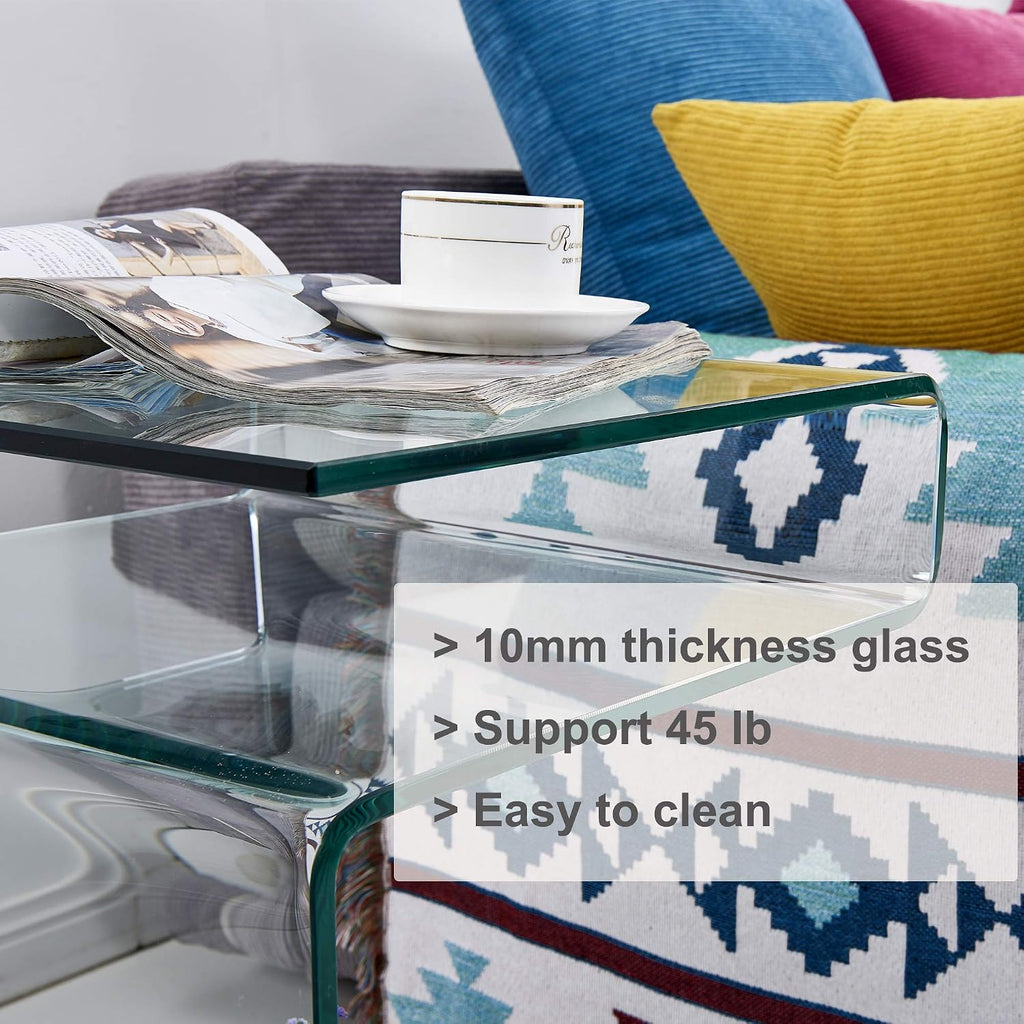 Glass Nightstand End Table, Clear S-Shaped Bedside Side Tables for Living Room, Sofa Bent Glass Table 16.55' D x 14.56' W x 24' H