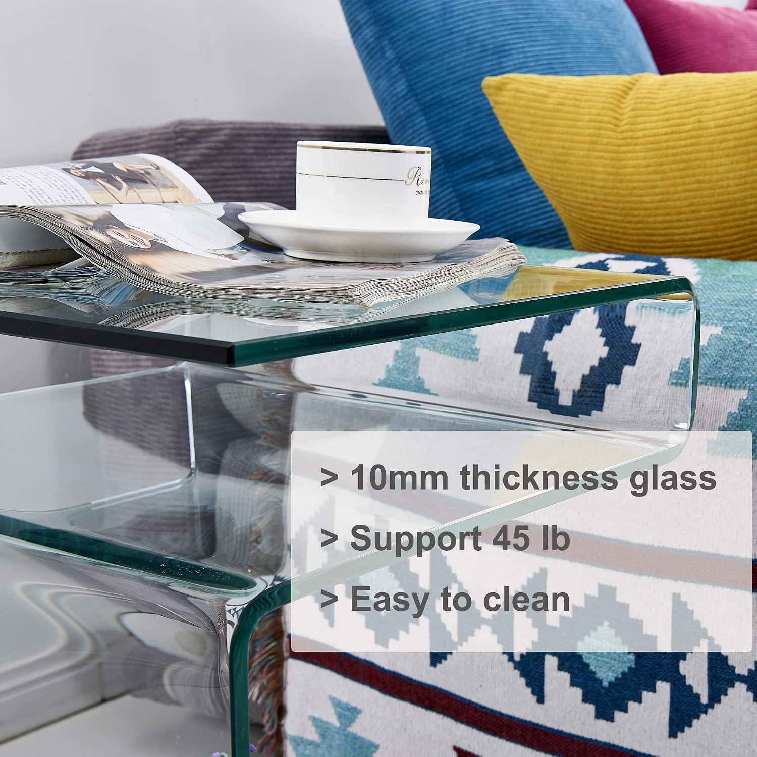 Glass Nightstand End Table, Clear S-Shaped Bedside Side Tables for Living Room, Sofa Bent Glass Table 16.55' D x 14.56' W x 24' H