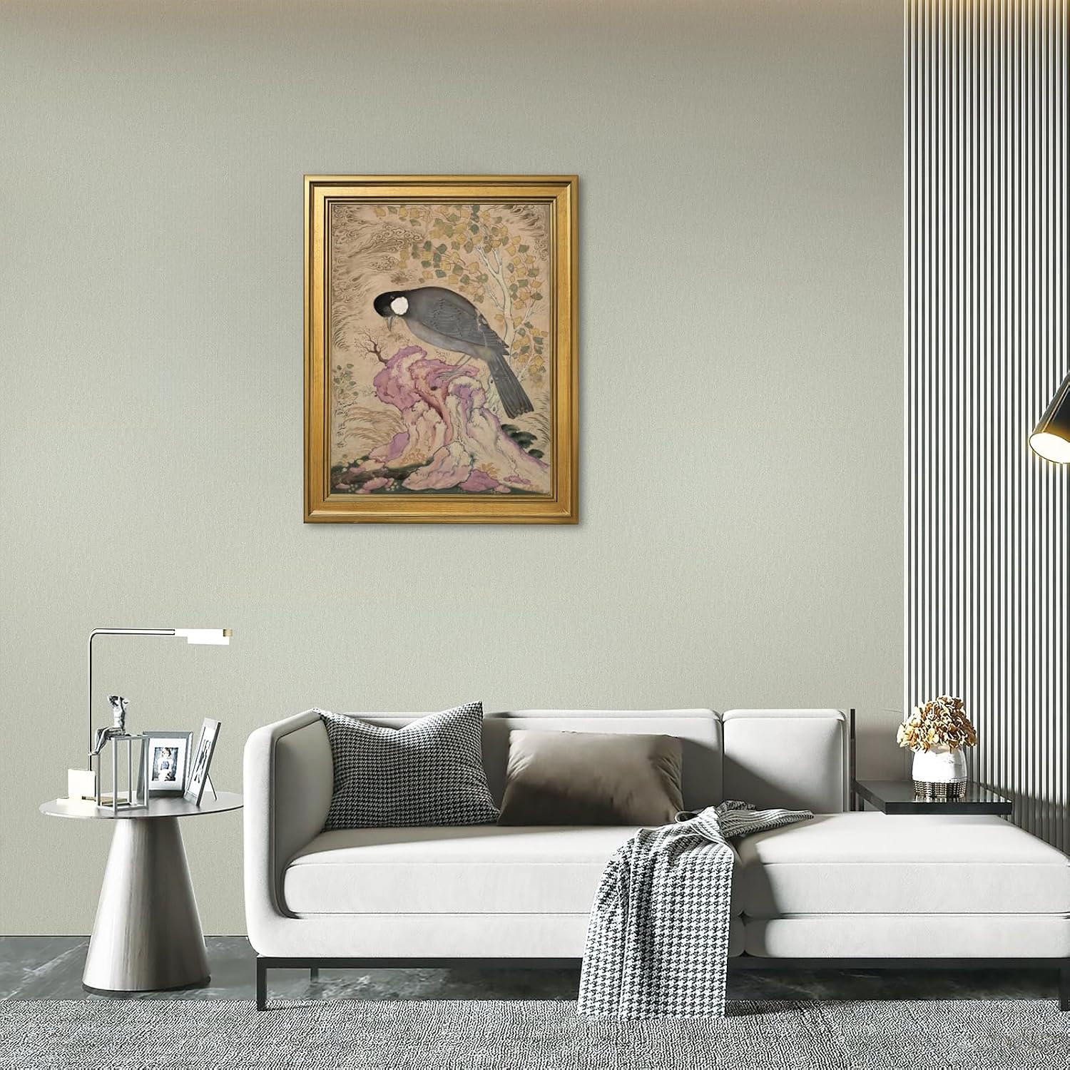 Classic Floral Wildlife Wall Art Vintage Academia Bird on Pink Rock Canvas Print Abstract Boho Nature Animal Posters for Office Bedroom Apartment Trendy Home Wall Decor-20x30inch Golden frame
