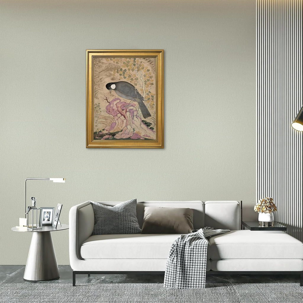 Classic Floral Wildlife Wall Art Vintage Academia Bird on Pink Rock Canvas Print Abstract Boho Nature Animal Posters for Office Bedroom Apartment Trendy Home Wall Decor-24x36inch Golden frame