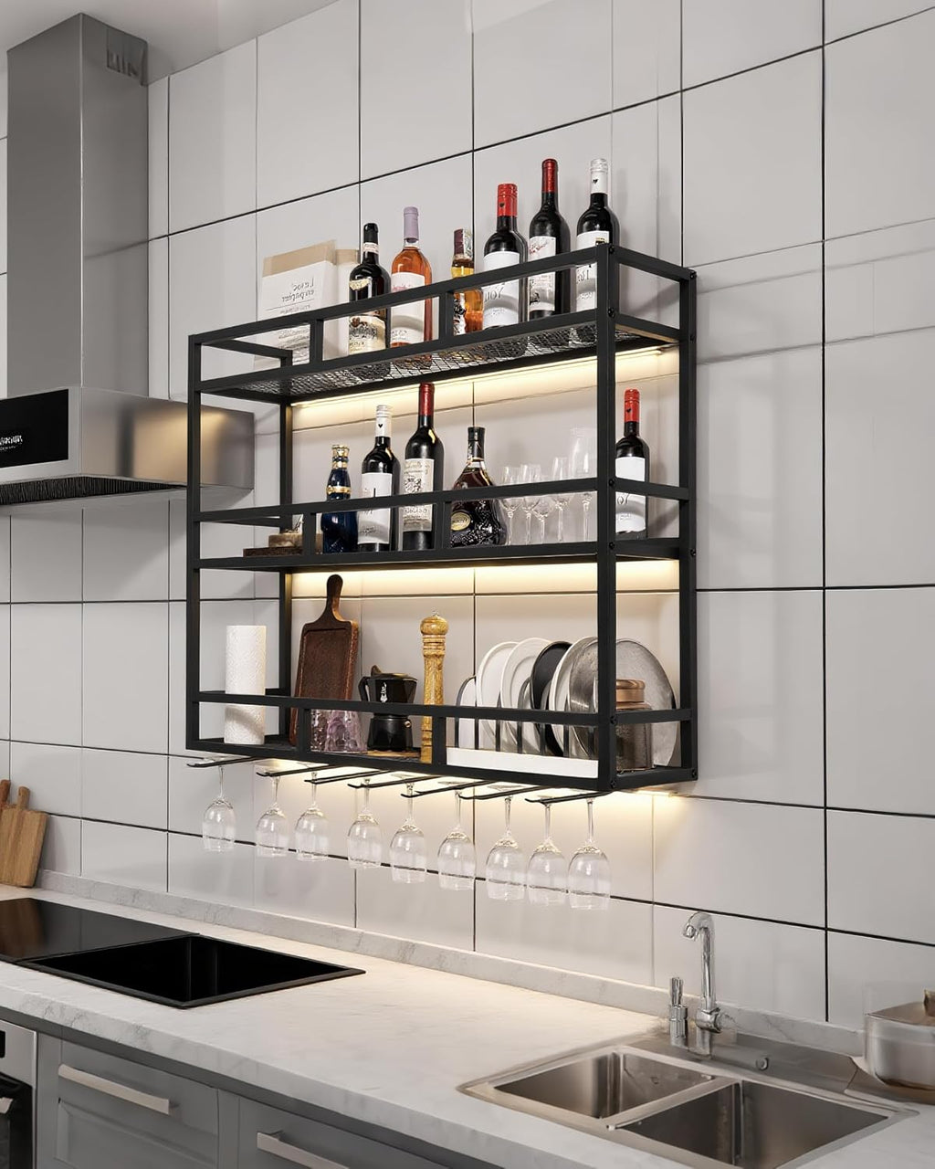 39' Wall Mounted Wine Rack with Bottle Glass Holder, 3-Tiers Metal Bar Shelves for Liquor Bottles with LED Light, Wall Wine Rack for Home, Restaurant, Commercial Bar, Kitchen Storage Display