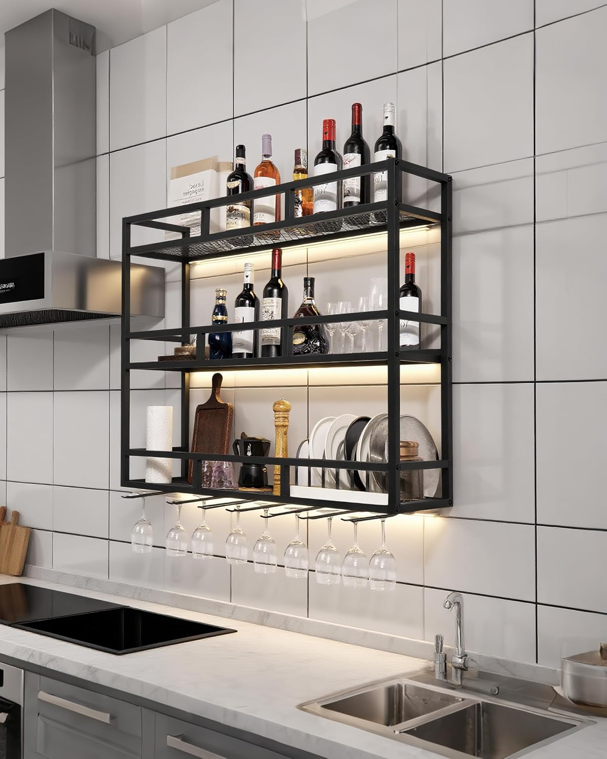 39' Wall Mounted Wine Rack with Bottle Glass Holder, 3-Tiers Metal Bar Shelves for Liquor Bottles with LED Light, Wall Wine Rack for Home, Restaurant, Commercial Bar, Kitchen Storage Display