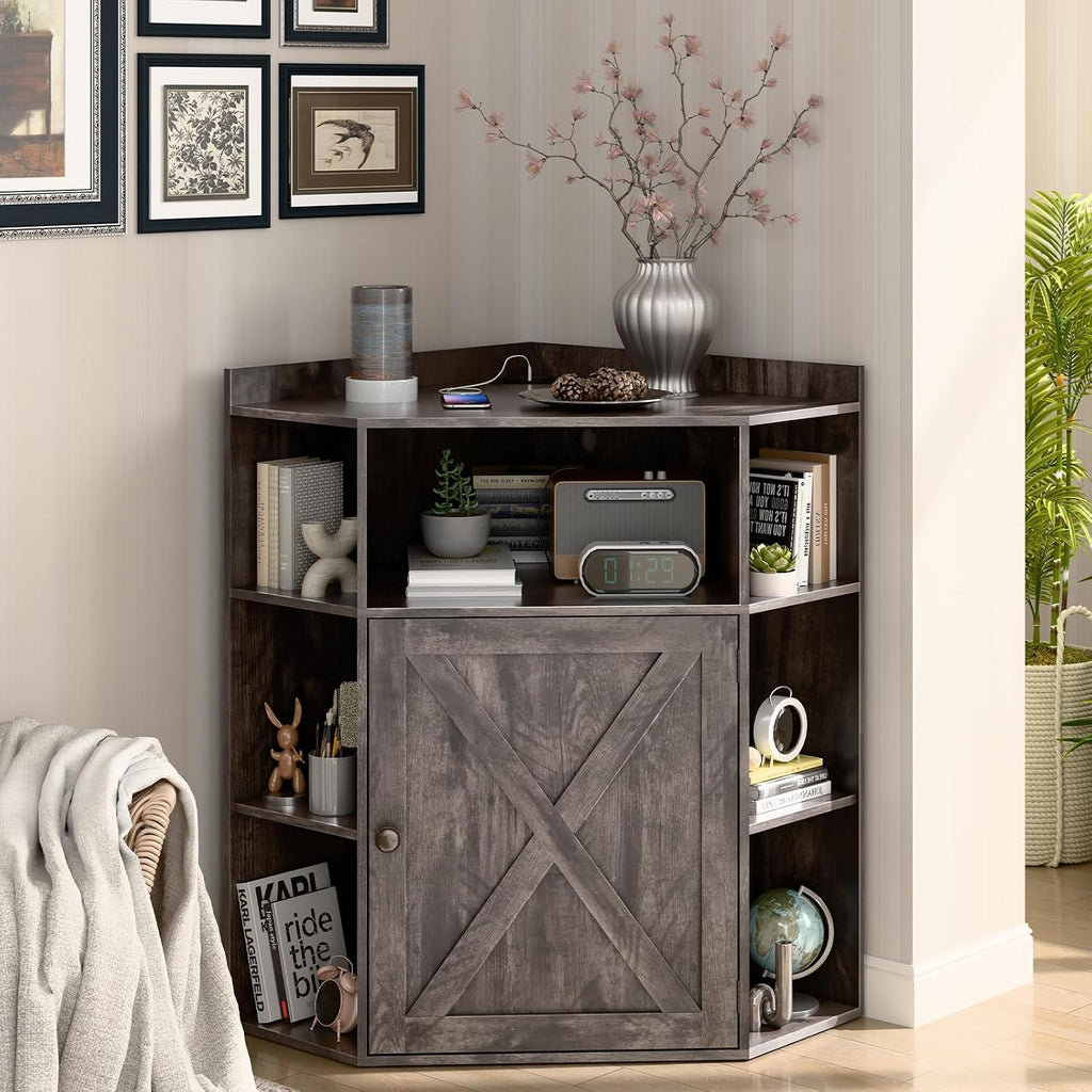 Halitaa Corner Storage Cabinet, Farmhouse Corner Bookshelf with Storage 6-Cubby Wooden Cabinet with USB Ports and Outlets Industrial Organizer for Small Space, Study, Playroom, Living Room