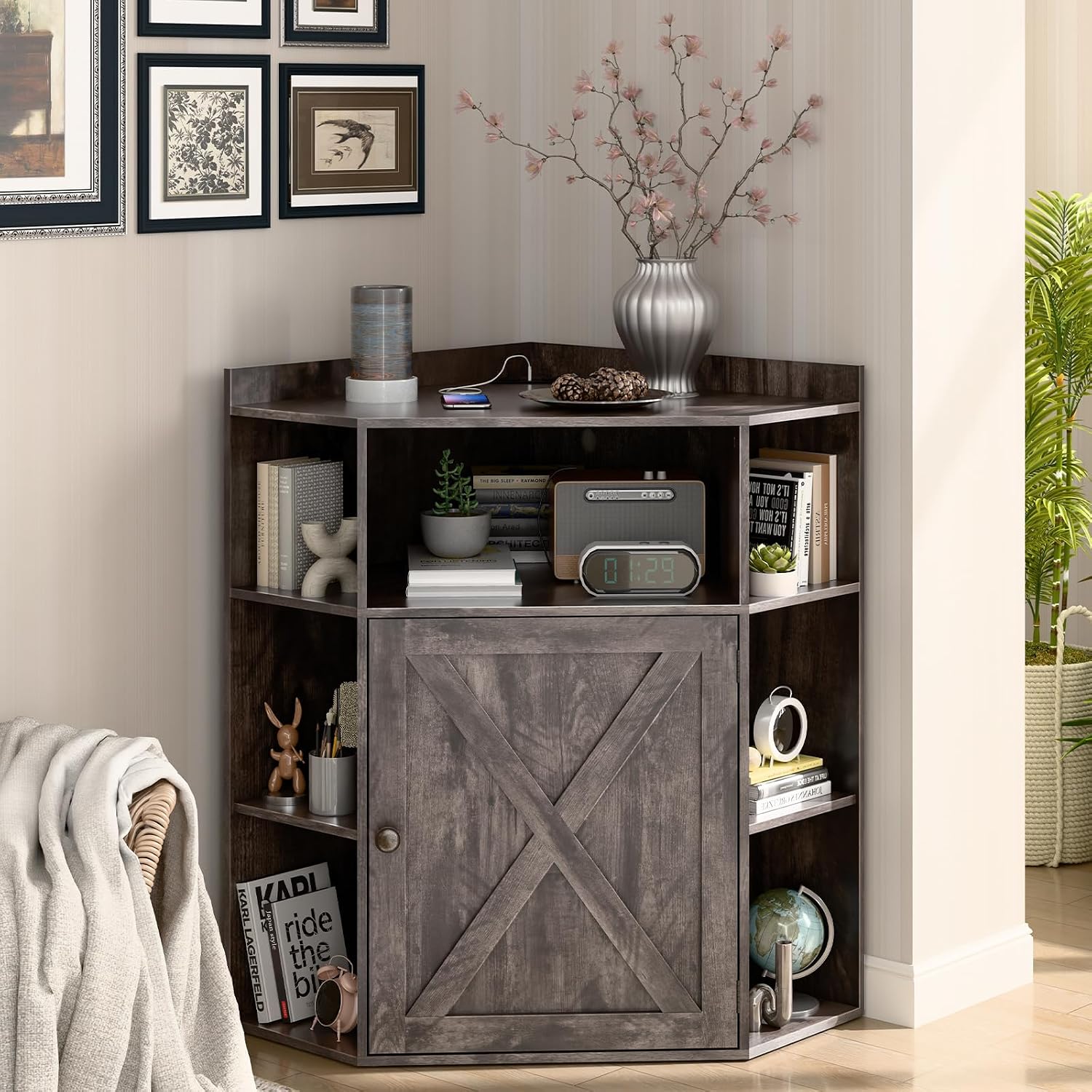 Halitaa Corner Storage Cabinet, Farmhouse Corner Bookshelf with Storage 6-Cubby Wooden Cabinet with USB Ports and Outlets Industrial Organizer for Small Space, Study, Playroom, Living Room
