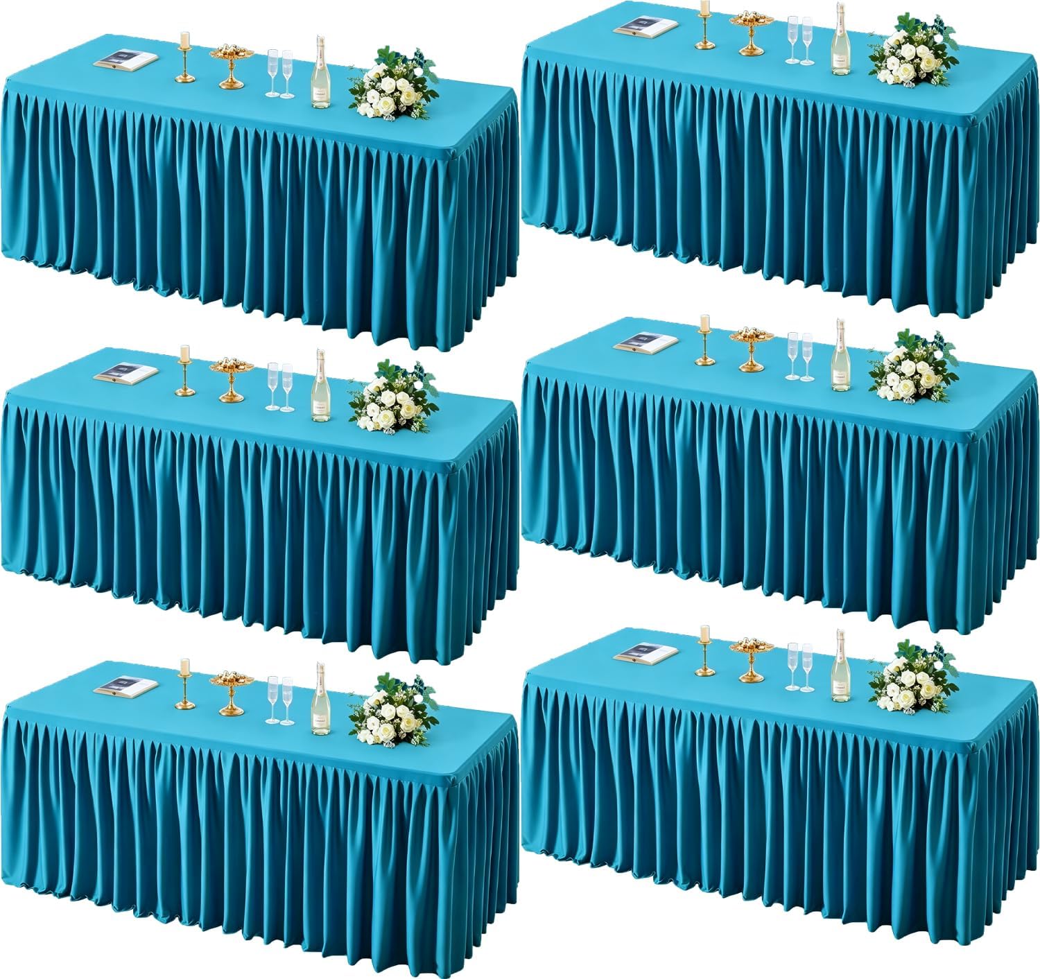 PARTISKY 6 Pack Turquoise Tablecloths for Rectangle Tables 6ft, Wrinkle Resistant Spandex Table Cover Fitted Stretch Table Cloth with Pleated Ruffle Skirts for Party Banquet Dining Birthday Wedding
