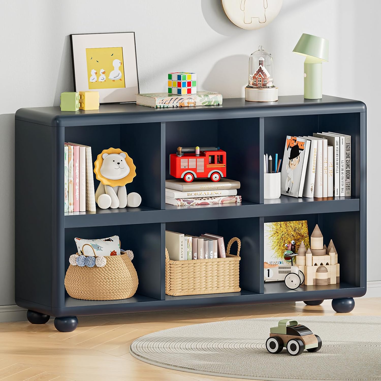 ONBRILL Kids Bookcase with 6 Cube Storage, Toy Storage Organizer with All-Rounded Design, Montessori Shlef with Sphere Foot, Kids Bookshelf for Playroom, Bedroom, Nursery, Classroom (Navy Blue)