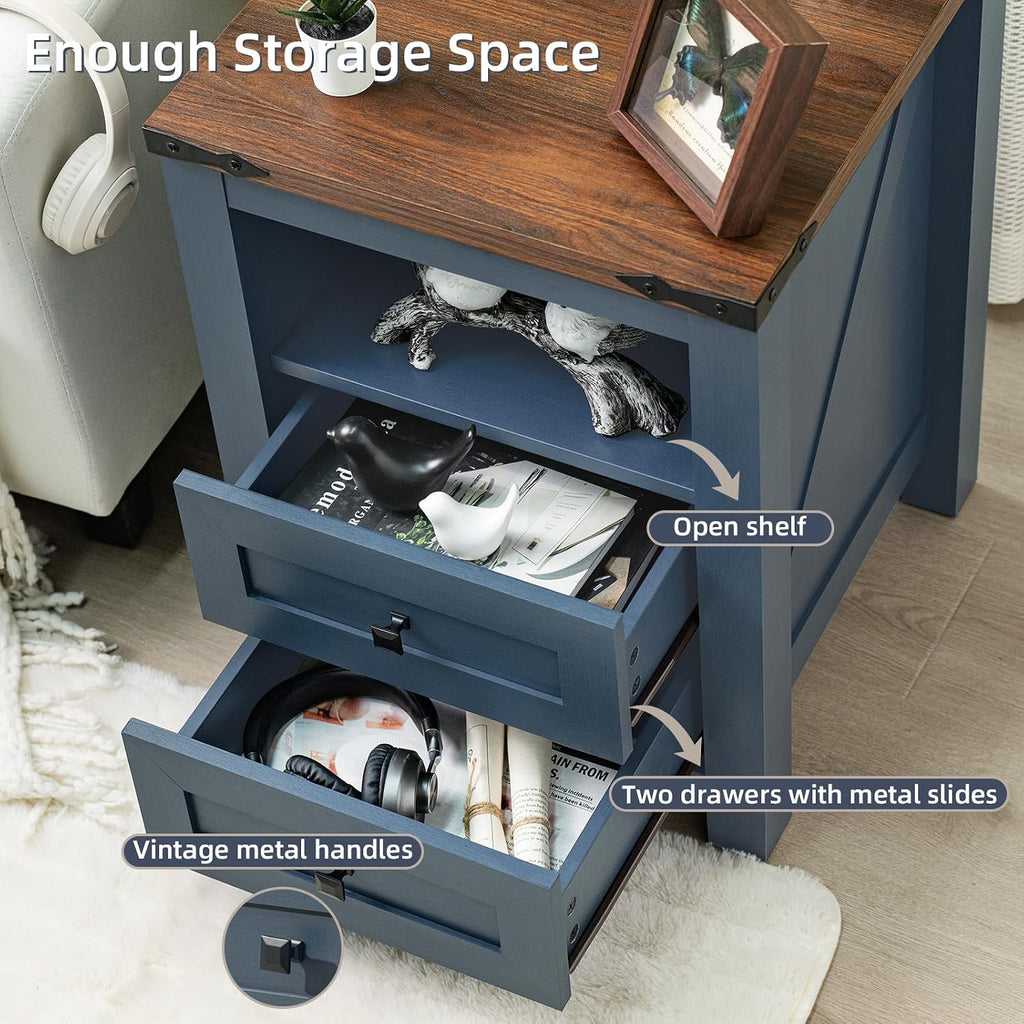 Joaxswe Nightstand with Charging Station, Farmhouse Night Stand with 2 Drawers and Shelf Storage, Blue Wooden Side End Table, Bedside Cabinet for Bedroom, Living Room, Closet,Office
