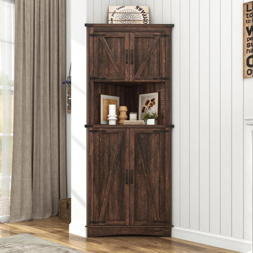 Hlivelood 68' Tall Farmhouse Corner Cabinet, 5-Tier Large Storage Cabinet with 4 Barn Doors & Adjustable Shelves, Bathroom Cabinets with Storage for Living Room, Kitchen, Bathroom, Brown