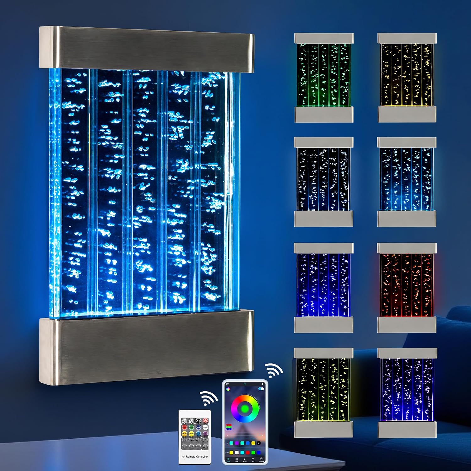 LED Sensory Bubble Wall – 24'x16' Stainless Steel Wall Panel with Floating Fish, Vertical Bubbles, Color-Changing Lights, Remote & APP Control for Sensory & Therapy Rooms