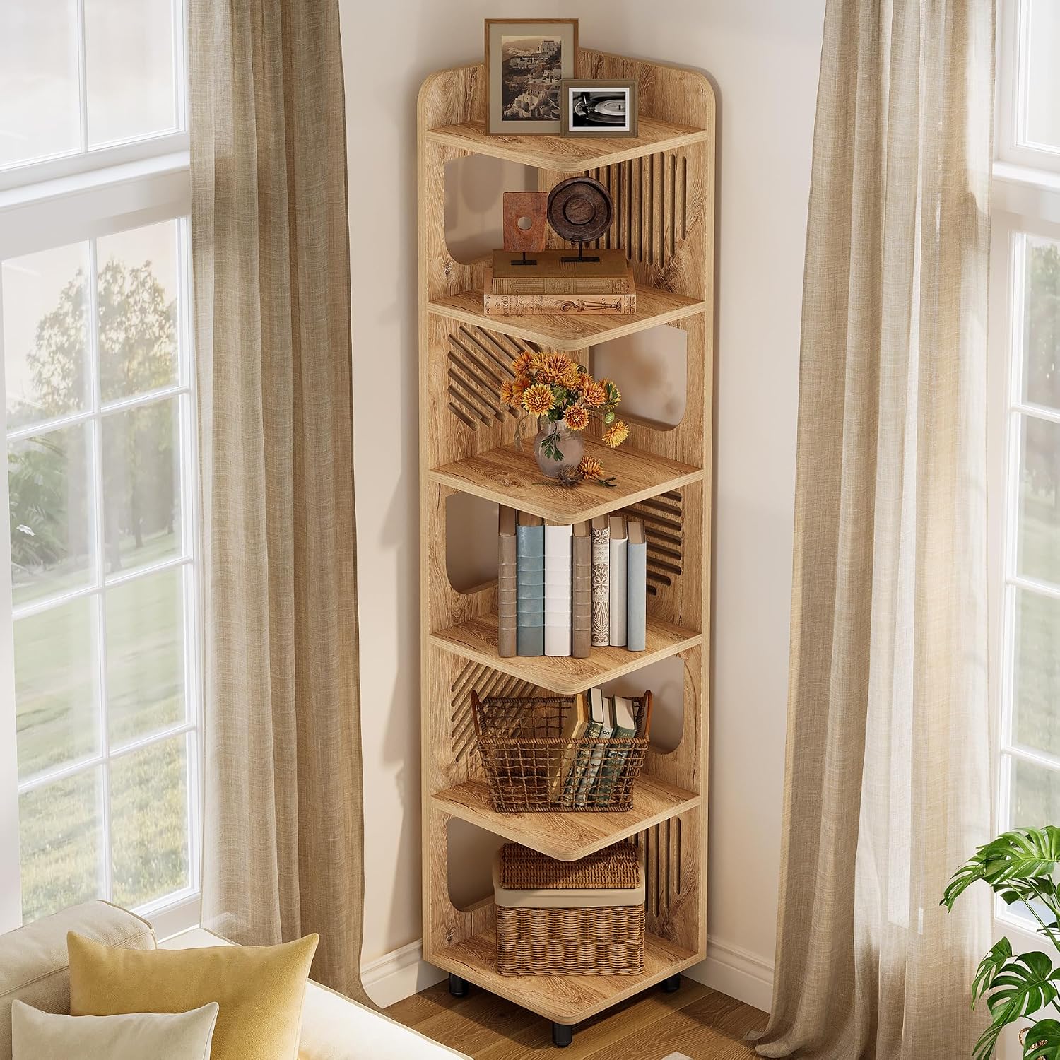 Tribesigns 6 Tiers Corner Shelf, Tall Skinny Corner Bookshelf Bookcase with Hollow Design, Farmhouse Narrow Display Shelf for Living Room, Bedroom, Small Space, Natural