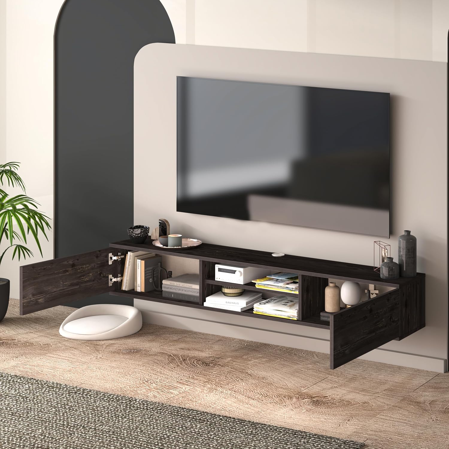 Black Floating TV Stand Under TV Shelf, Wall Mounted Shelf, Modern Floating Entertainment Center, 71' Large Storage Media Console Wall Unit for Living Room,Bedroom (Black Oak)