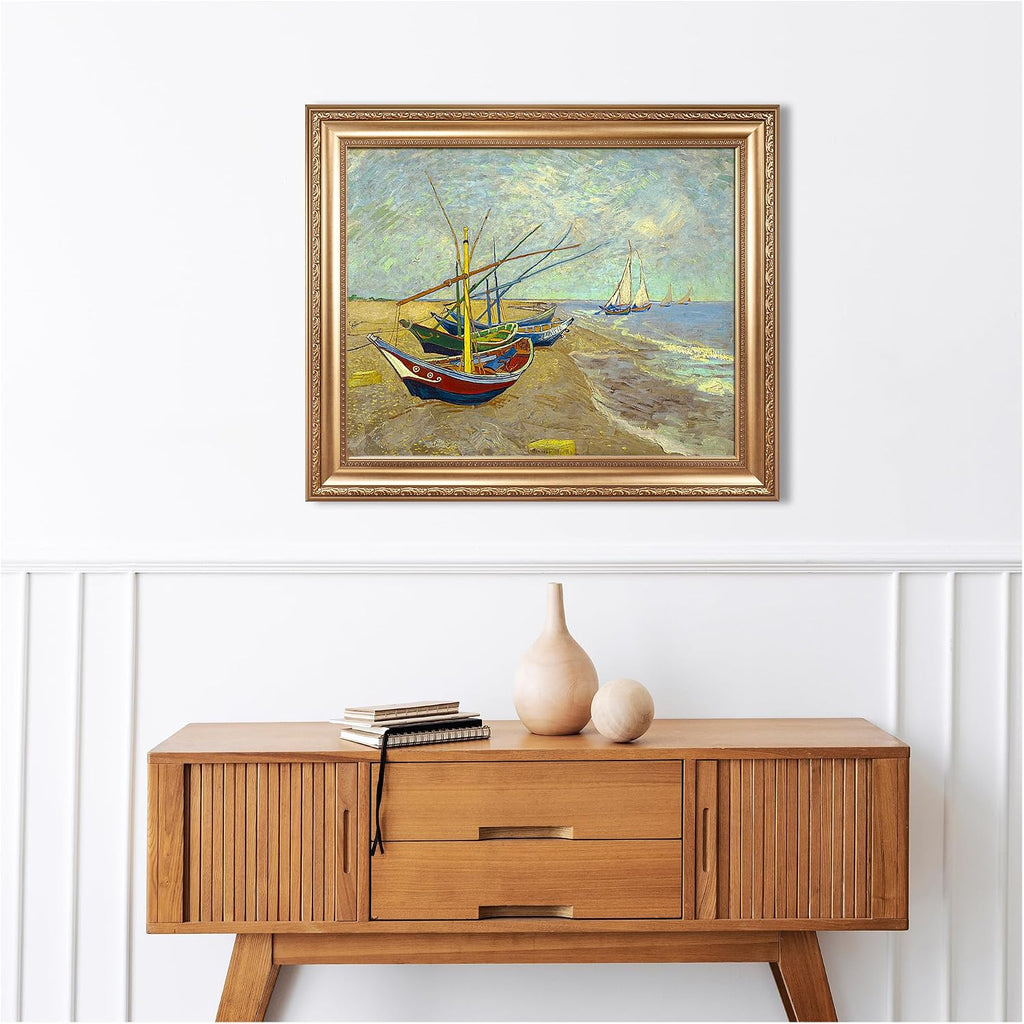 Boats at Saintes Maire by Vincent Van Gogh Framed Size:30x36 inches,Image Size:24x30 inches,Golden Frame The World Classic Art Reproductions,Wall Art for Home Decor