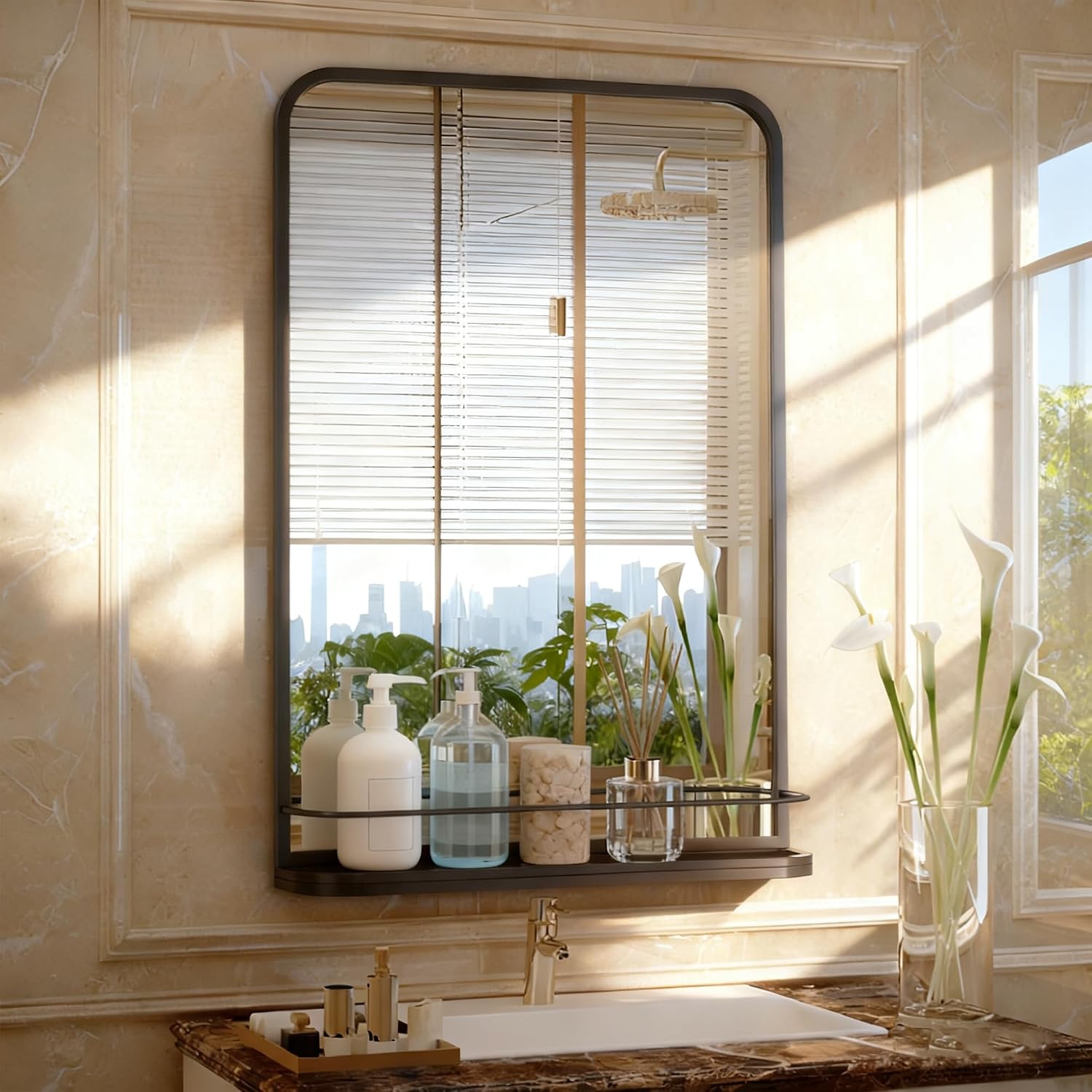 Bathroom Mirror with Shelf for Shaving,19.7x29.9 Inch Wall-Mounted Rectangle Metal Mirror with Storage, Matte Black Vanity Mirror with Rounded Corners for Over Sink, Decor(Black/19.7x29.9 in)