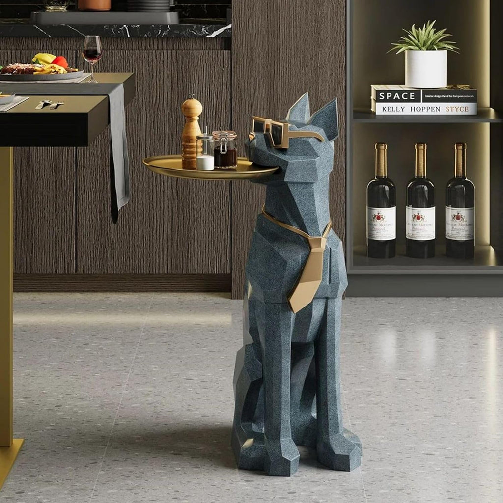 homary Modern Resin Dog Sculpture Geometric Standing Statue Cute Side Table Tray End Table with Tissue Storage (Blue)
