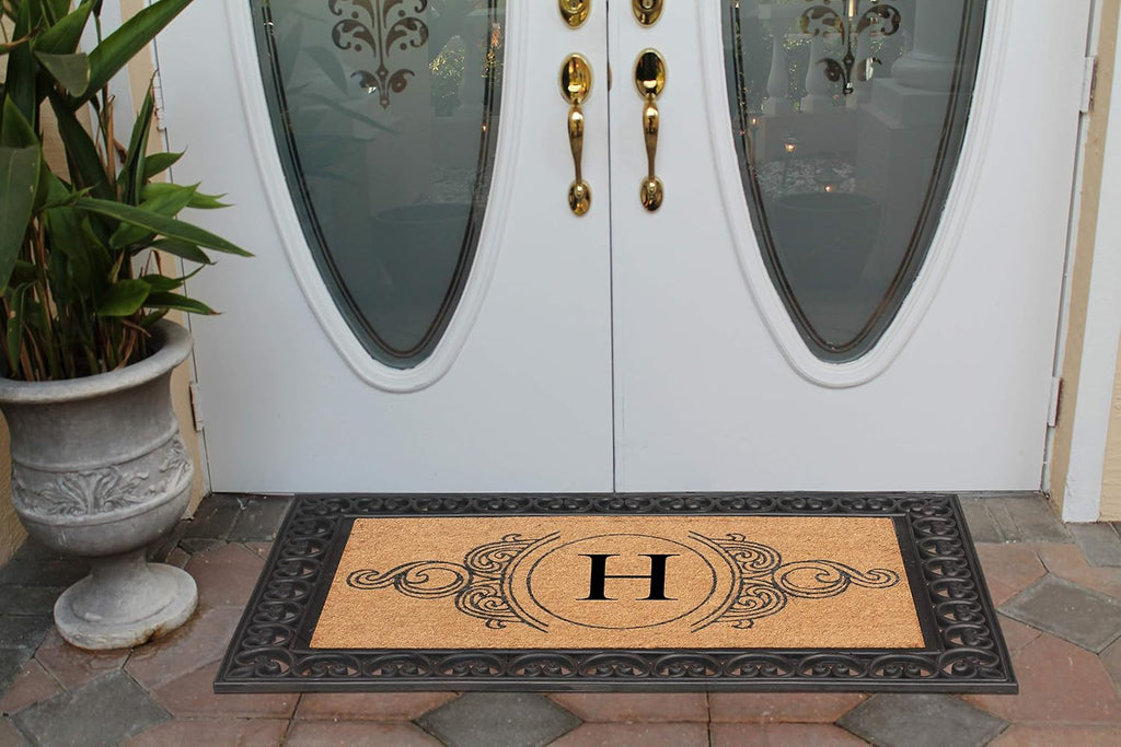 A1HC Natural Coir Monogrammed Doormat 30'x48', Anti-Shed Treated Durable Front Door Mat for Outside Entrance, Heavy Duty, Low Profile, Easy to Clean, Long Lasting Entrymat - H, Floral Black