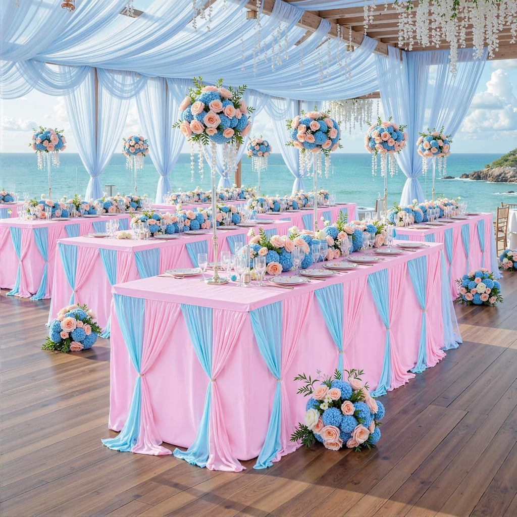 Besutolife Blue Pink Tulle Tablecloth for Rectangle Tables 3 Sides for Wedding Birthday Party Baby Shower Cake Dessert Buffet Banquet Table Decorations 4ft 6Pack