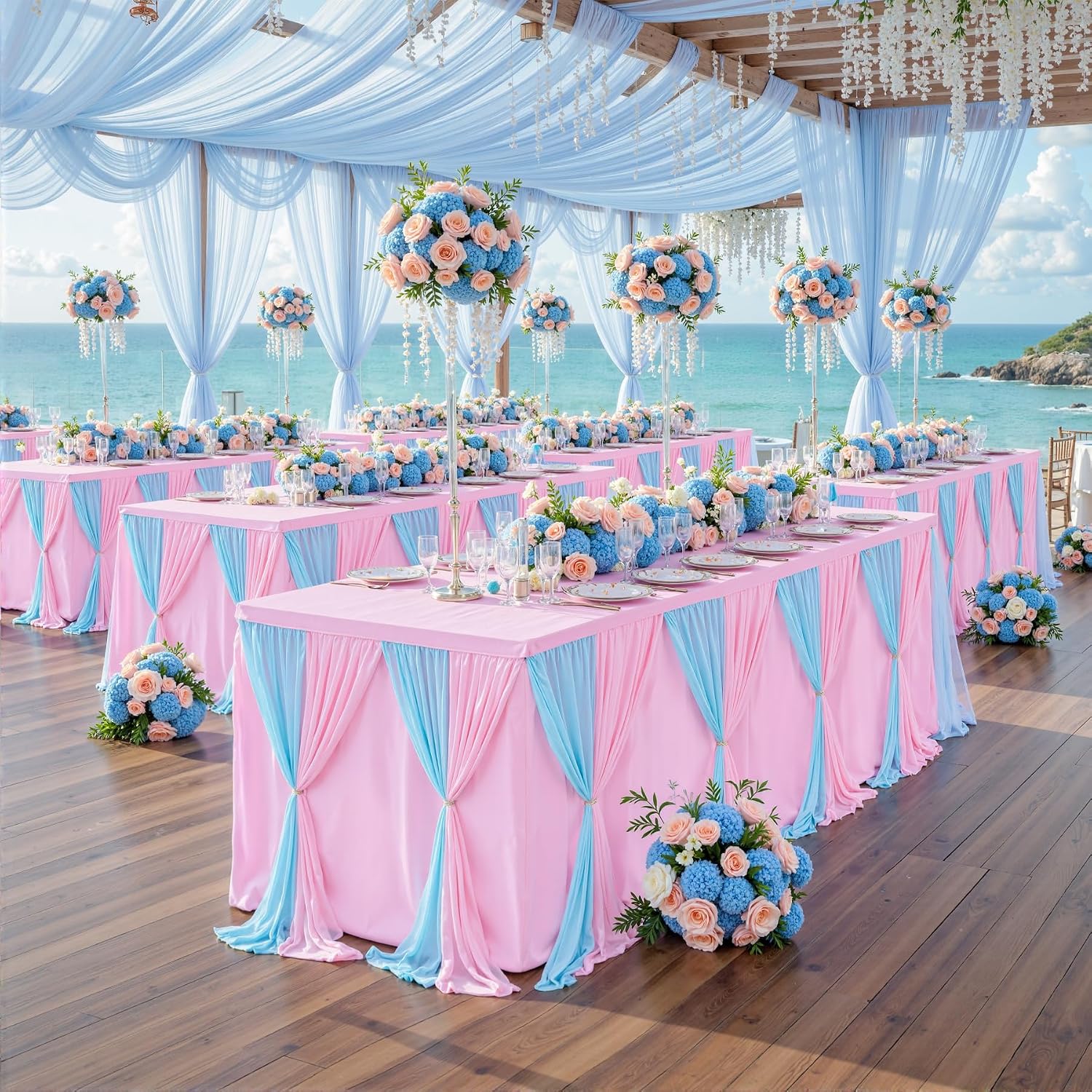 Besutolife Blue Pink Tulle Tablecloth for Rectangle Tables 3 Sides for Wedding Birthday Party Baby Shower Cake Dessert Buffet Banquet Table Decorations 4ft 6Pack