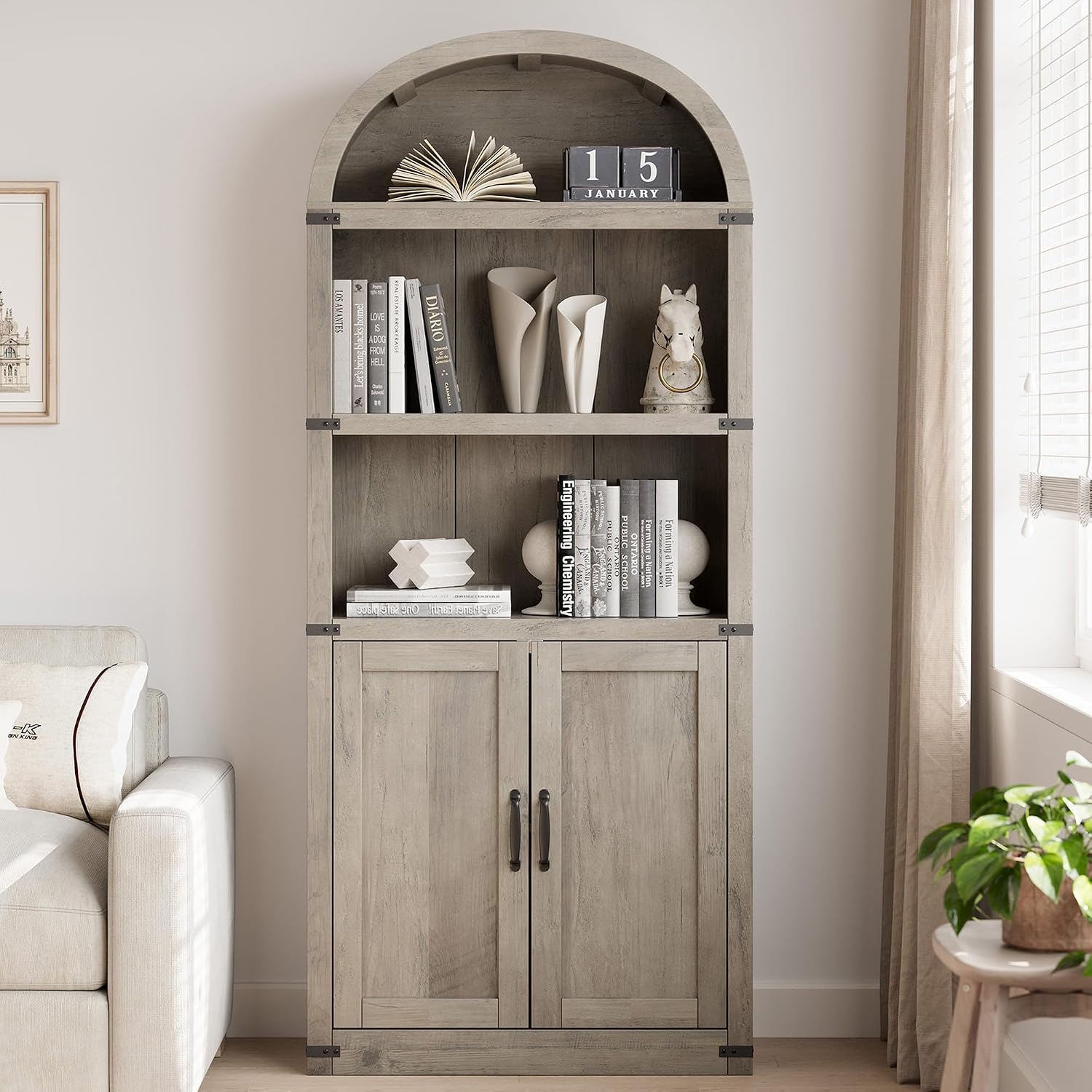 GarveeHome Bookcase with Doors Arched Bookshelf 71.65 in Tall Bookcase Farmhouse Cabinet with Shelves Wooden Bookshelves for Home Office, Living Room (Grey)
