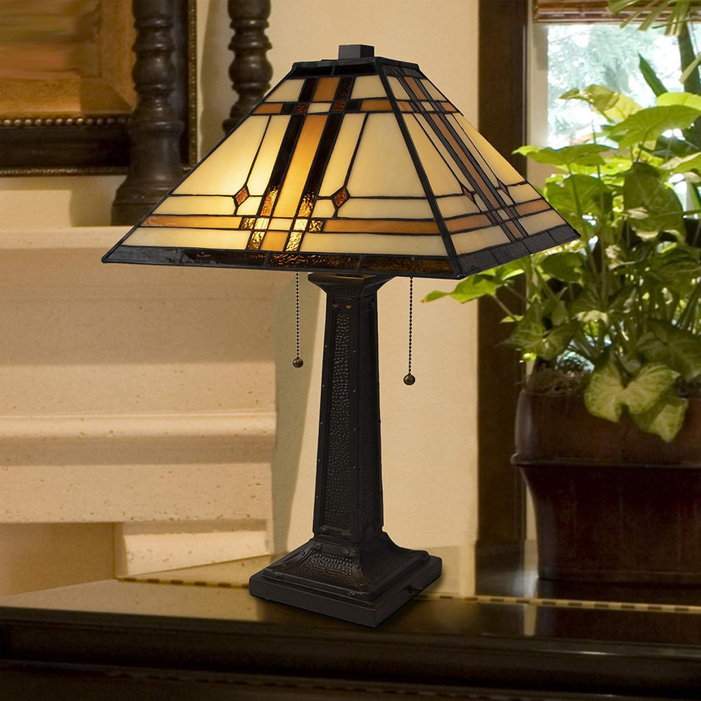 Lavish Home Tiffany-Style Table Lamp – Mission-Design Art Glass Lighting with 2 LED Bulbs Included – Vintage-Look Handcrafted Room Décor (Brown)