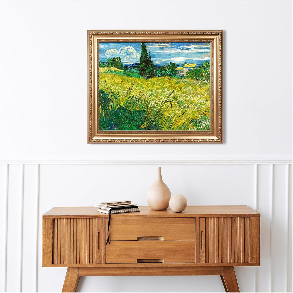 Green Wheat Field with Cypress by Vincent Van Gogh Framed Size:30x36 inches,Image Size:24x30 inches,Golden Frame The World Classic Art Reproductions,Wall Art for Home Decor