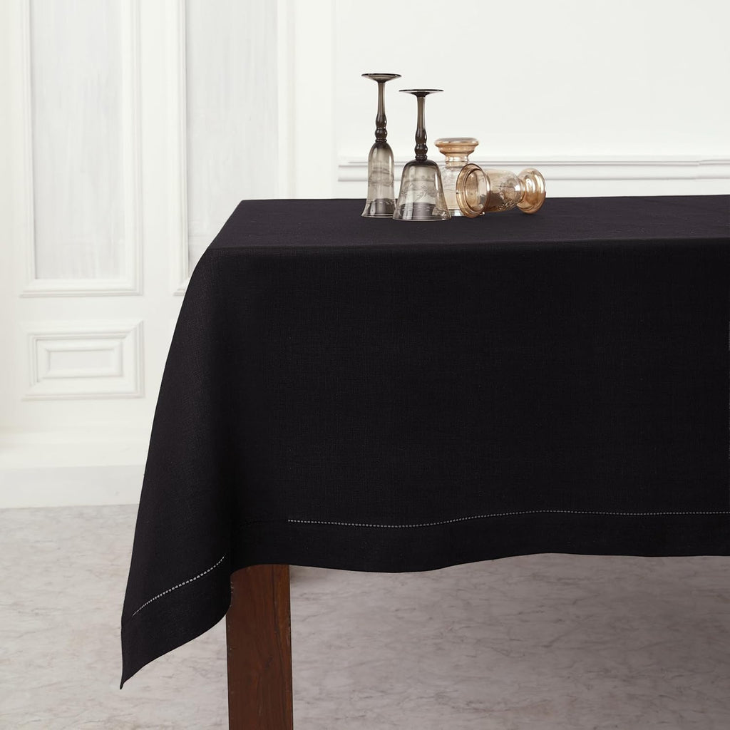 Solino Home Linen Tablecloth 60 x 120 Inch - Classic Hemstitch 100% Pure Linen Black Table Cloth for Rectangle Tables - Machine Washable Tablecloth for Summer