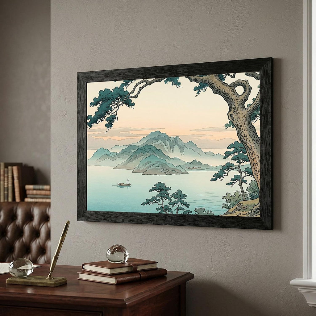 Framed Coastal Dawn Wall Art - Japanese Woodblock Style Pine Tree Seascape - Premium Black Frame - Ready to Hang 12x18 inch Decor for Home and Office - 24x36 Inch