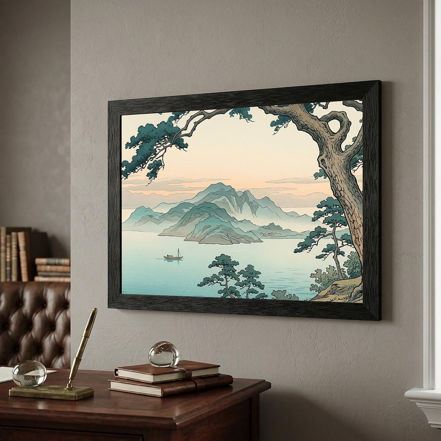 Framed Coastal Dawn Wall Art - Japanese Woodblock Style Pine Tree Seascape - Premium Black Frame - Ready to Hang 12x18 inch Decor for Home and Office - 24x36 Inch