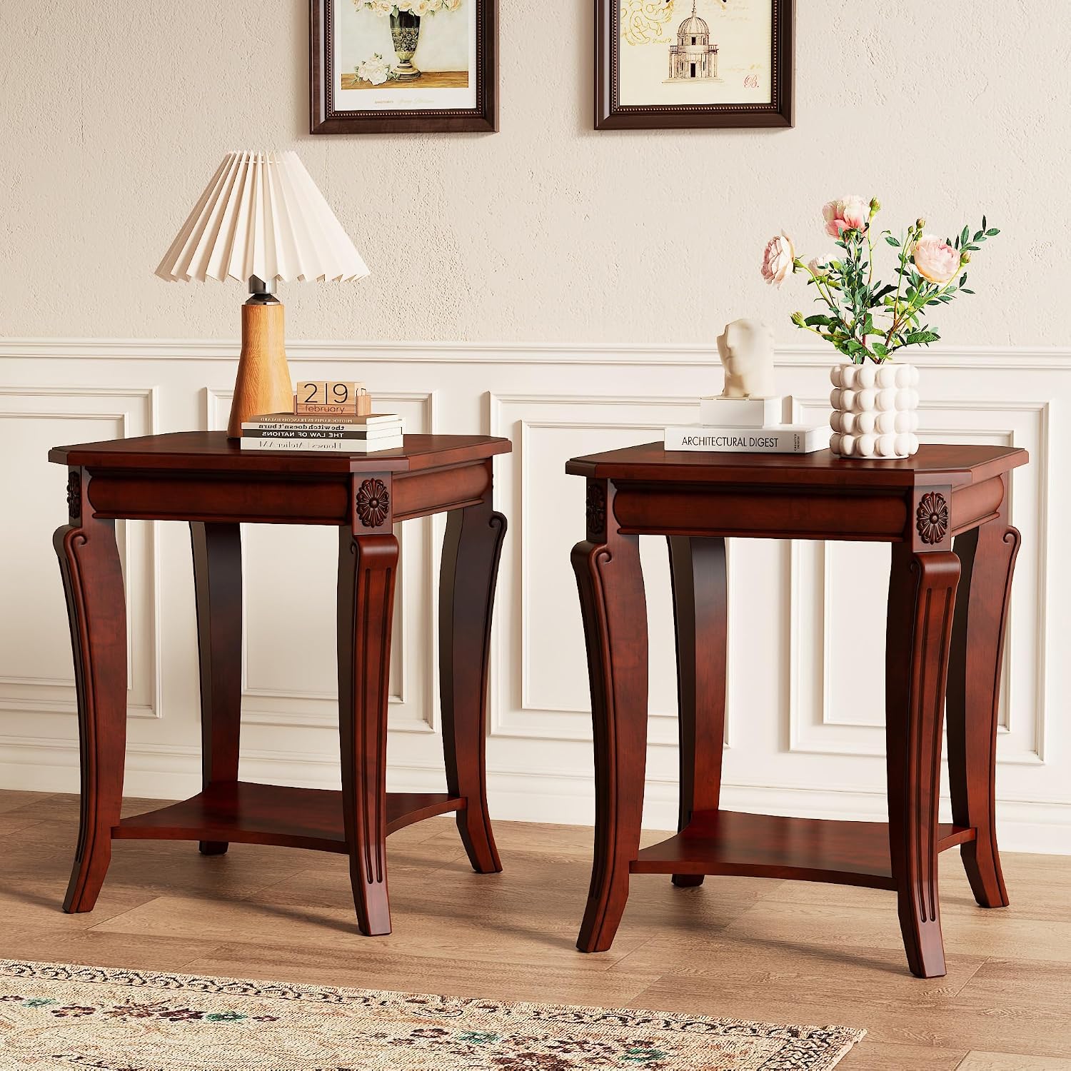PADMA HOUSE Set of 2 Solid Wood Small End Table with Storage Shelf, Vintage Square Sofa Side Table with Splicing Tabletop and Curved Legs, 2-Tier Bedside Tables Nightstand in Cherry,19.7' Dx23.8 H