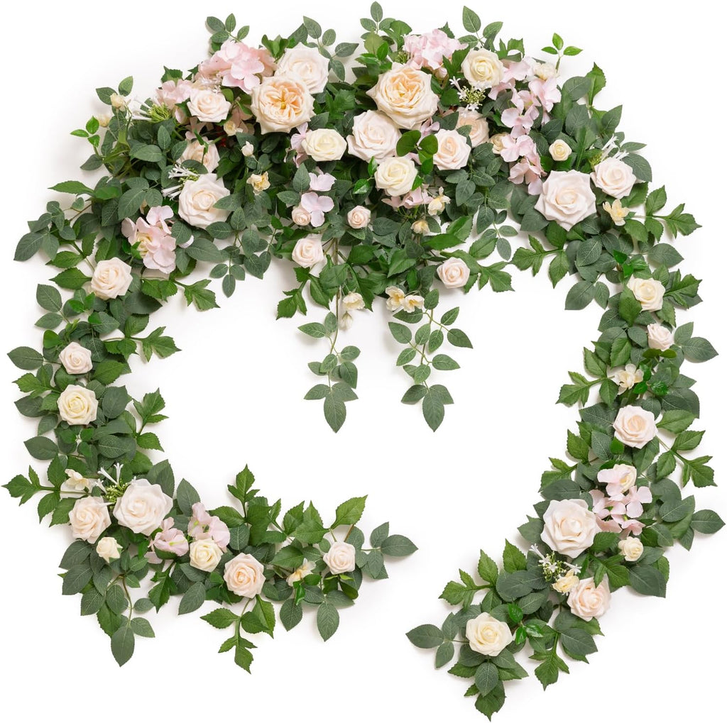 Ling's Moment 9FT Spring Flower Garland for Backdrop Decorations - Wedding Arch Flowers, Eucalyptus & Rose, Artificial Floral Garland for Mantel - Sweetheart Table Decor for Reception, Cream