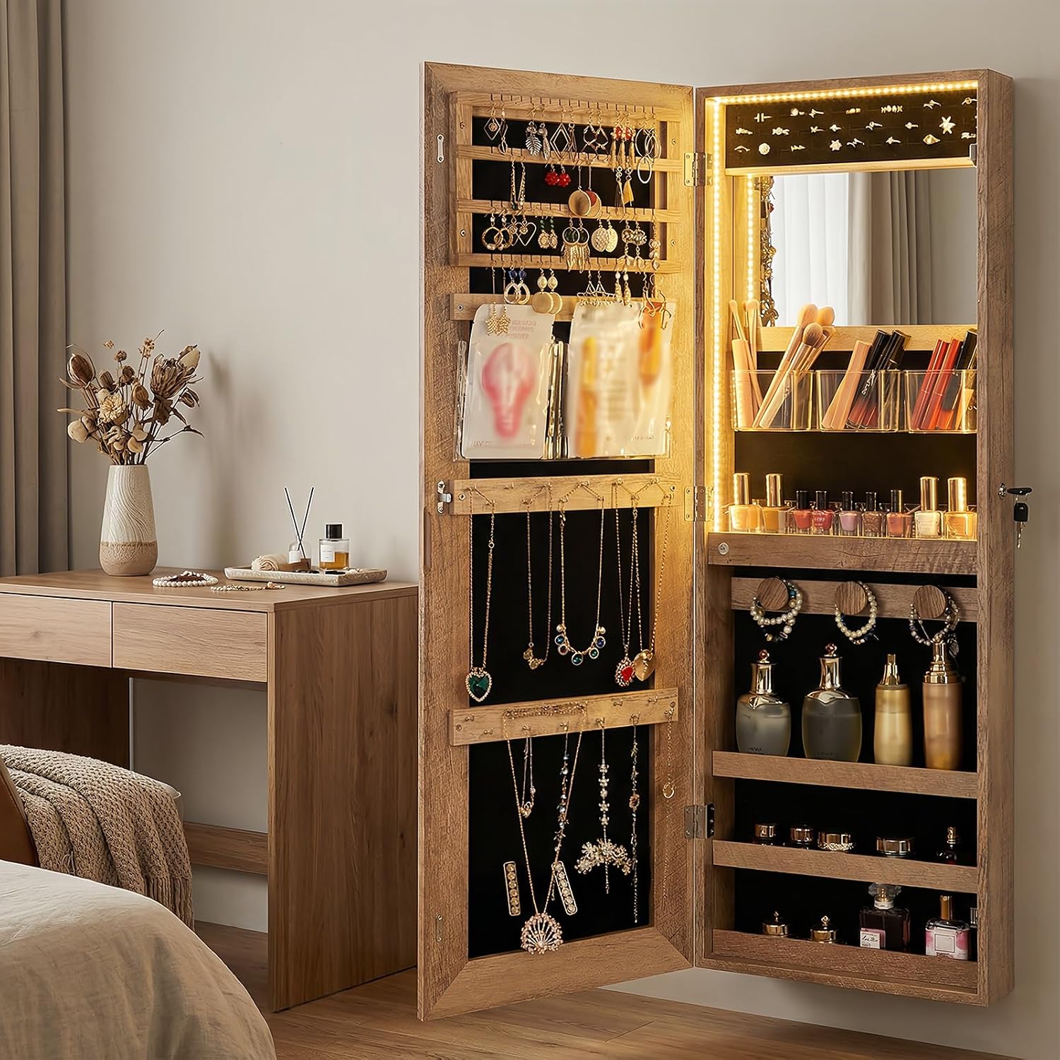 LED Lights Jewelry Cabinet, Door Hanging/Wall Mounted Jewelry Armoire, Lockable Cosmetics Organiser, Easy Assembly, Valentines Gifts