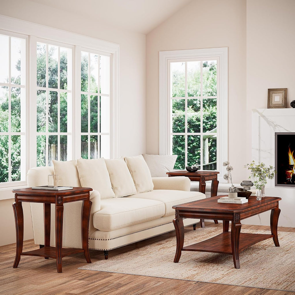 Large Coffee Table with Shelf for Living Room, Rectangle Solid Wood Cocktail Table with Open Storage Shelf, Mid-Century Modern Sofa Center Tables, 47.2'L x 23.6'W x 17.9'H, Cherry Brown KFZ-A1168-WD