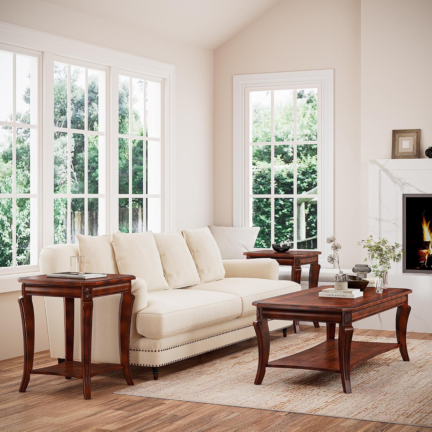 Large Coffee Table with Shelf for Living Room, Rectangle Solid Wood Cocktail Table with Open Storage Shelf, Mid-Century Modern Sofa Center Tables, 47.2'L x 23.6'W x 17.9'H, Cherry Brown KFZ-A1168-WD