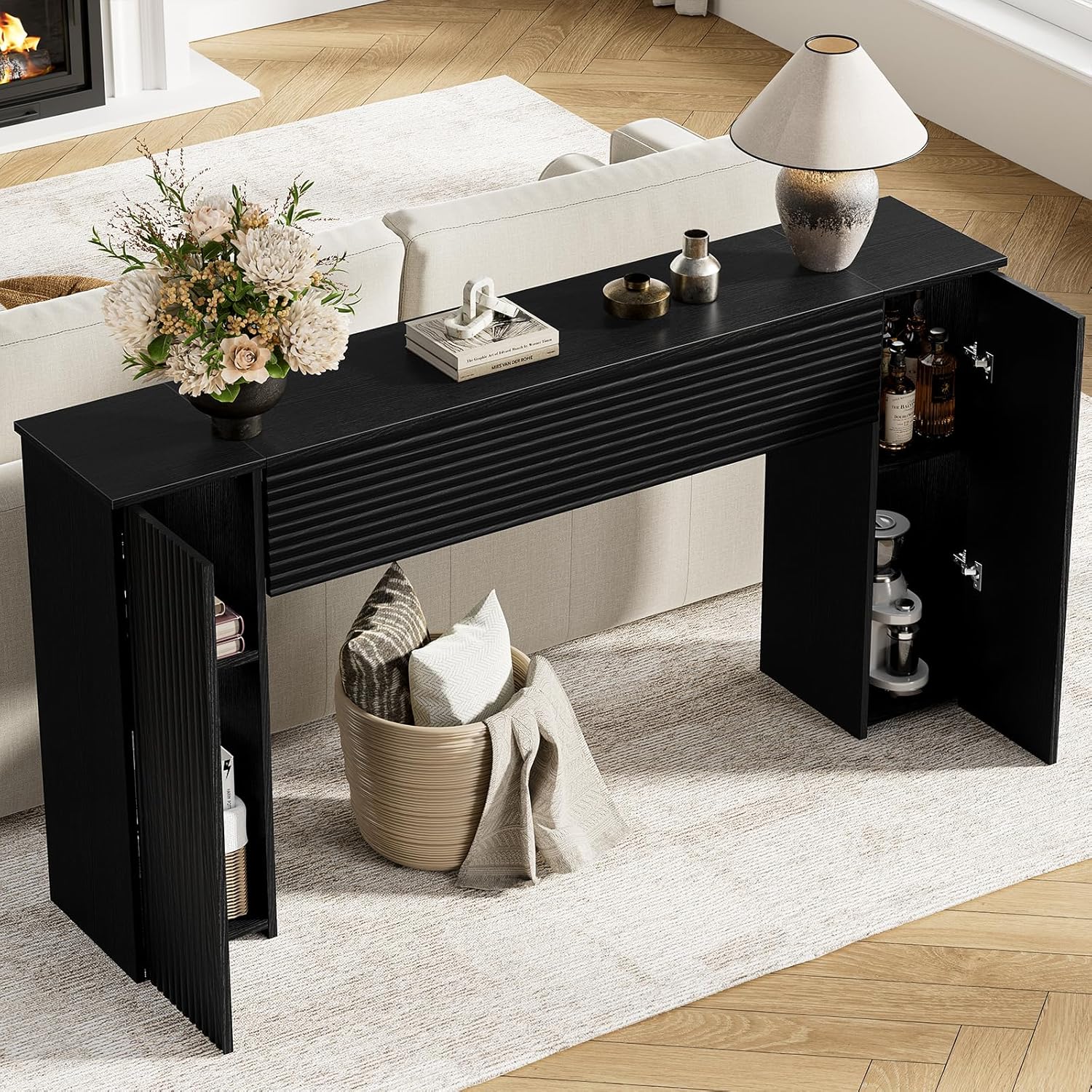 FABATO 61'' Fluted Long Console Table, Wooden Rectangular Sofa Table Behind The Couch, Narrow Entryway Table with 2 Hidden Storage Cabinets for Entrance, Hallway, Living Room, Foyer, Black