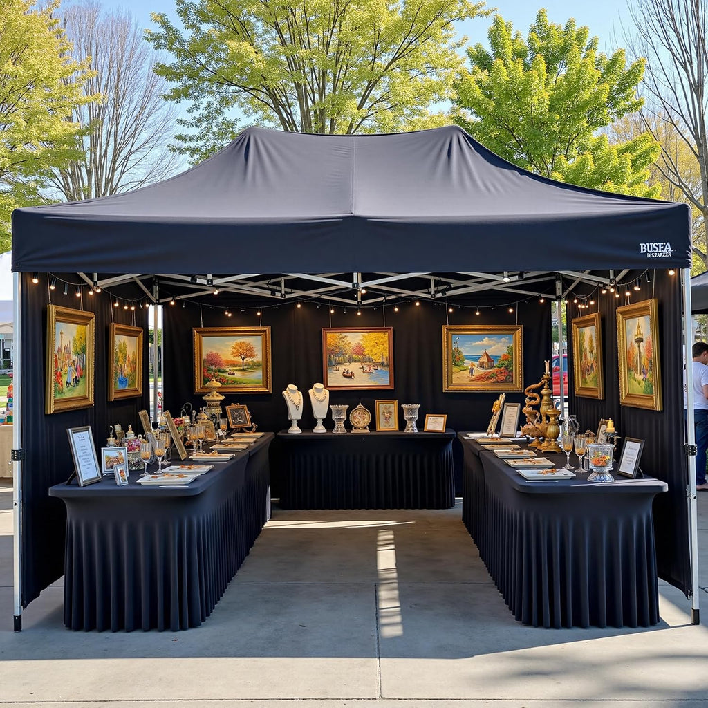 12 pk Black Spandex Tablecloth 8ft with Ruffled Skirt,Wrinkle Free High Stretch Fitted Tablecloths for 8 Foot Rectangle Tables,Pleated Elastic Spandex Table Covers 8ft for Parties Wedding Banquet