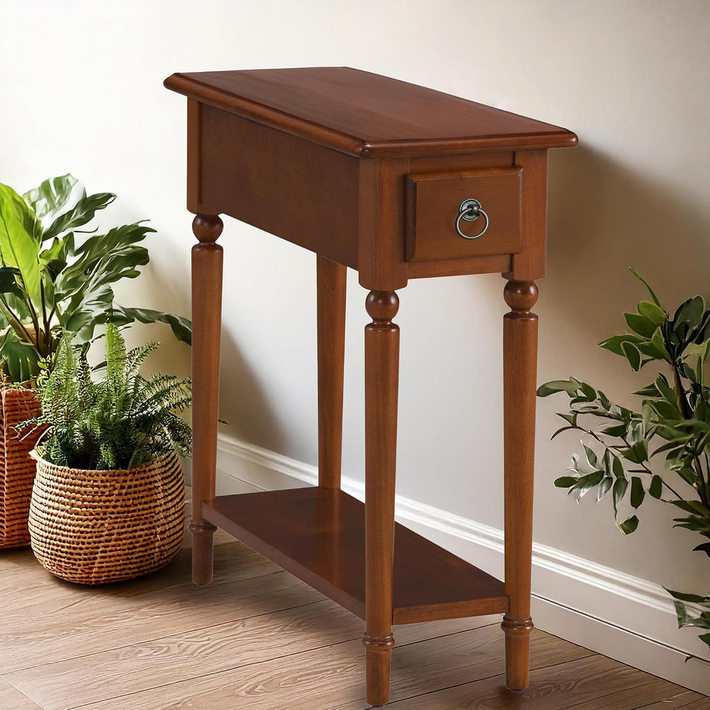 Leick Home Coastal End Table, Solid Wood, 1 Drawer, Bottom Display Shelf, Easy-Assembly, For Living Room/Bedroom, Rich Pecan Brown, 23.5 in. L x 10.0 in. W x 24 in. H, 20017-PC