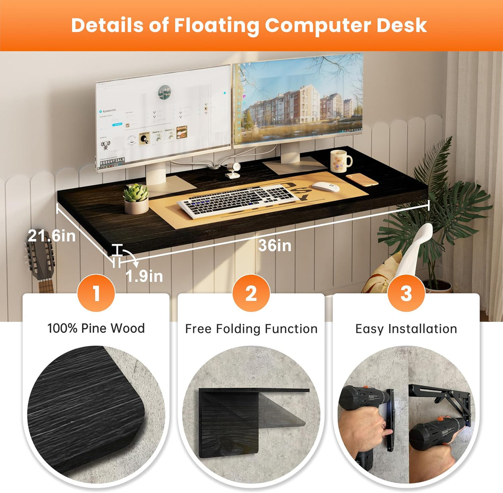 IAE Floating Wall Mounted Folding Table Desk with Pine Wood,36' x 22' Folding Workbench,Fold Down wall Mounted Foldable Table with Shelf Brackets,Laundry Folding Table for Apartment,Home,Kitchen,Black
