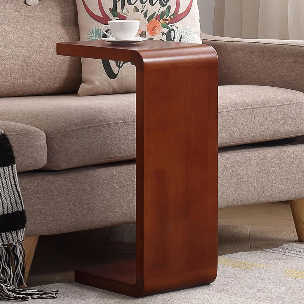 C-Shaped Side Table, Solid Wood End Table for Couch Sofa and Bed, Wooden C Tables for Living Room Bedroom, Small Snack Tray Table for Space Saving (1, 24.4' H-Brown)