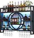 3-Tiers 39in Wine Rack Wall Mounted with Upgarded LED, Floating Bar Shelves with Wine Glass Holder Hanging Industrial Liquor Shelf, Wall-Mounted Wine Racks Cabinets for Home Bar, No Assembly Required