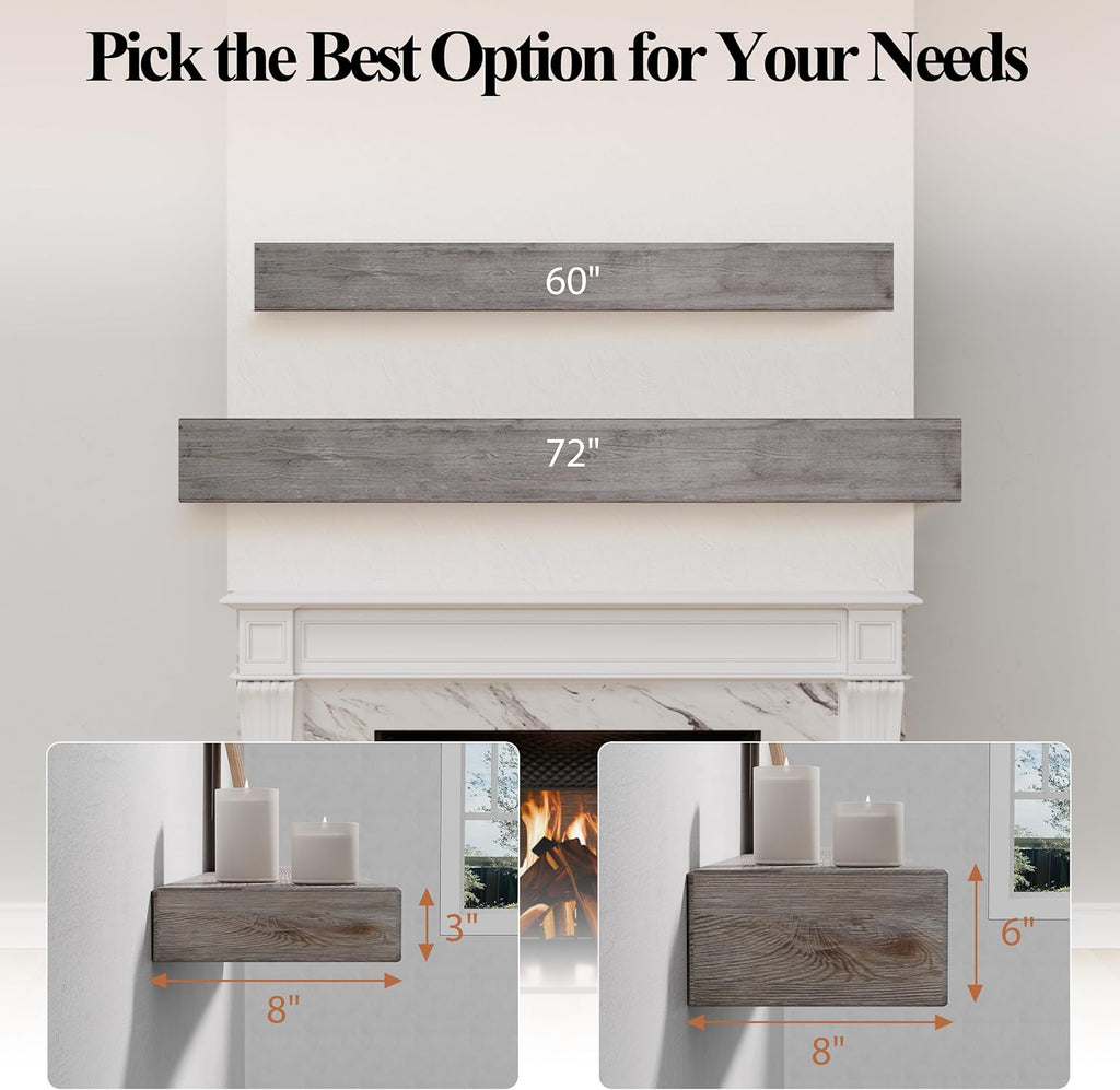 60 Inch Fireplace Mantel Shelf - 8' Deep Solid Wood Floating Mantel for Over Fireplace - 90LBS with Invisible Bracket - Handcrafted TV Decor for Livingroom & Bedroom - Charred Rustic Gray