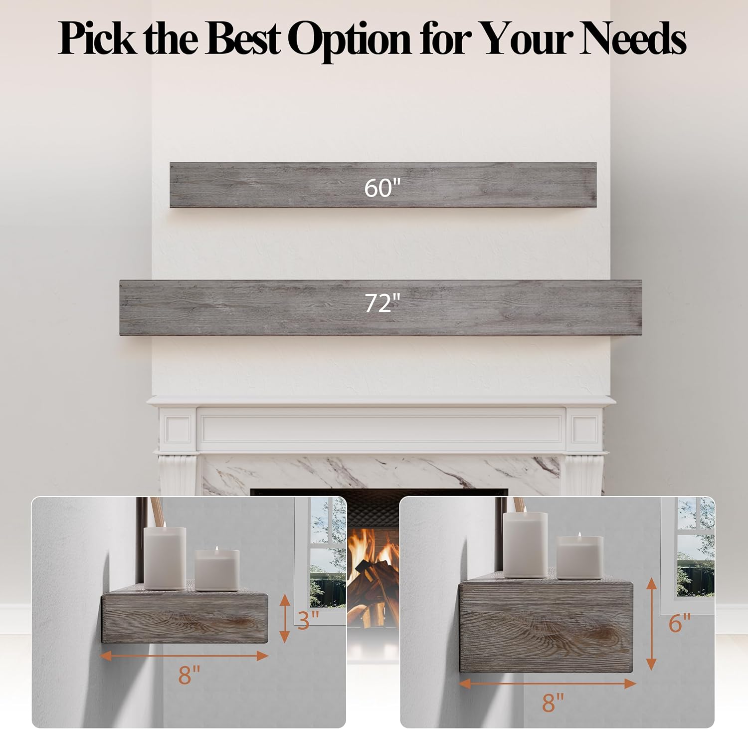 60 Inch Fireplace Mantel Shelf - 8' Deep Solid Wood Floating Mantel for Over Fireplace - 90LBS with Invisible Bracket - Handcrafted TV Decor for Livingroom & Bedroom - Charred Rustic Gray