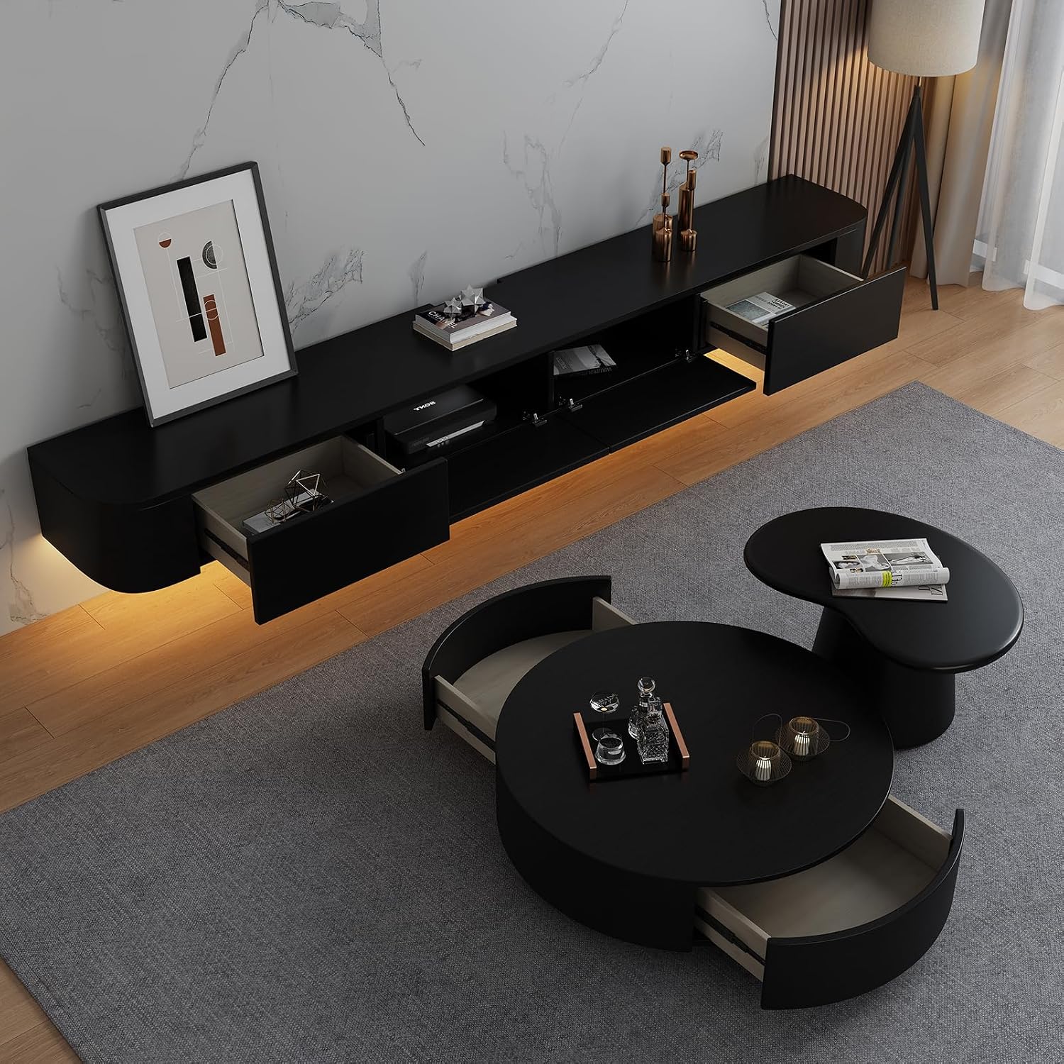 Floating TV Stand - Wall Mounted Media Console with 2 Drawer, Floating Entertainment Center TV Cabinet, Wall Mounted Audio/Video Shelf for Home Room (Black+LED, 70.87x7.87x9.45IN)