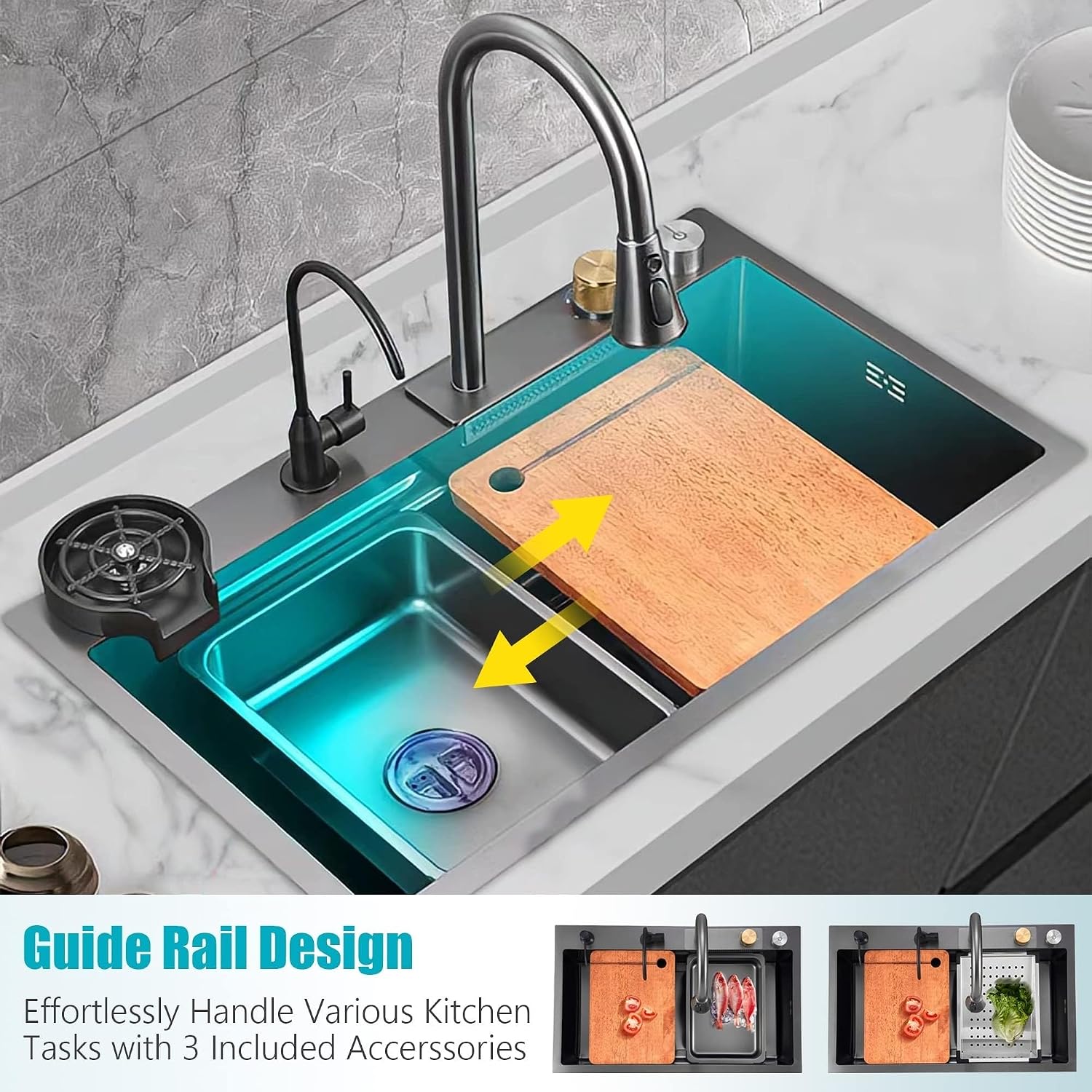 JATIBOSH Black Kitchen Sink 304 Stainless Steel Single Bowl Sink Waterfall Sink Workstation Multifunctional Sink with Accessories