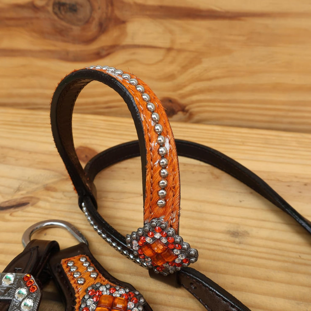 Handmade Western Headstall, Breast Collar, Spur Strap, Wither Strap Tack Set for Horse with Orange and Silver Metallic Acid Wash Cowhide Look