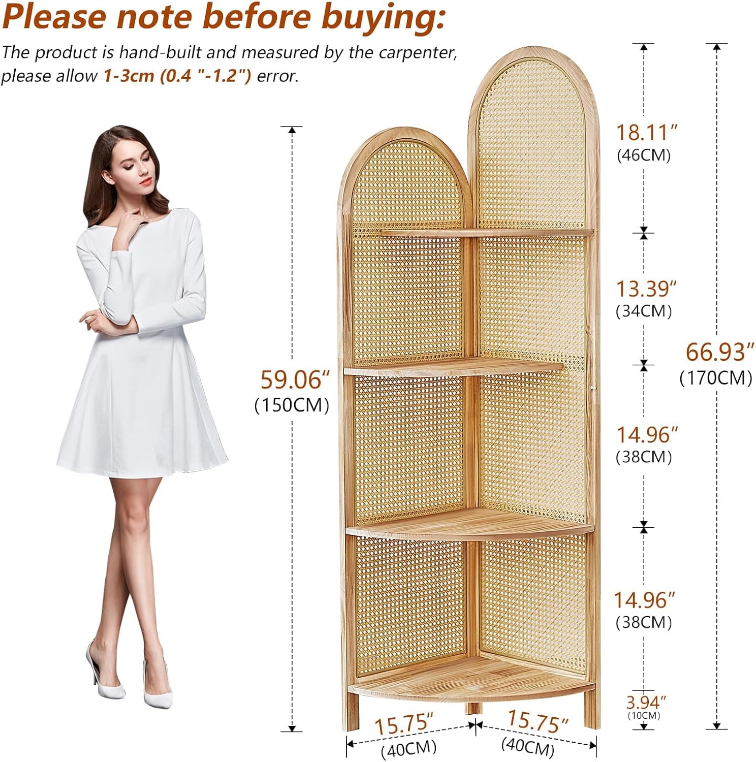 4-Tier Corner Shelf Stand 70' Rattan Corner Shelves Display Shelf Wall Corner Bookshelf with Solid Wood Frame Multi Unit Organizer Rack with Legs for Living Room Decor,Small Space, Natural